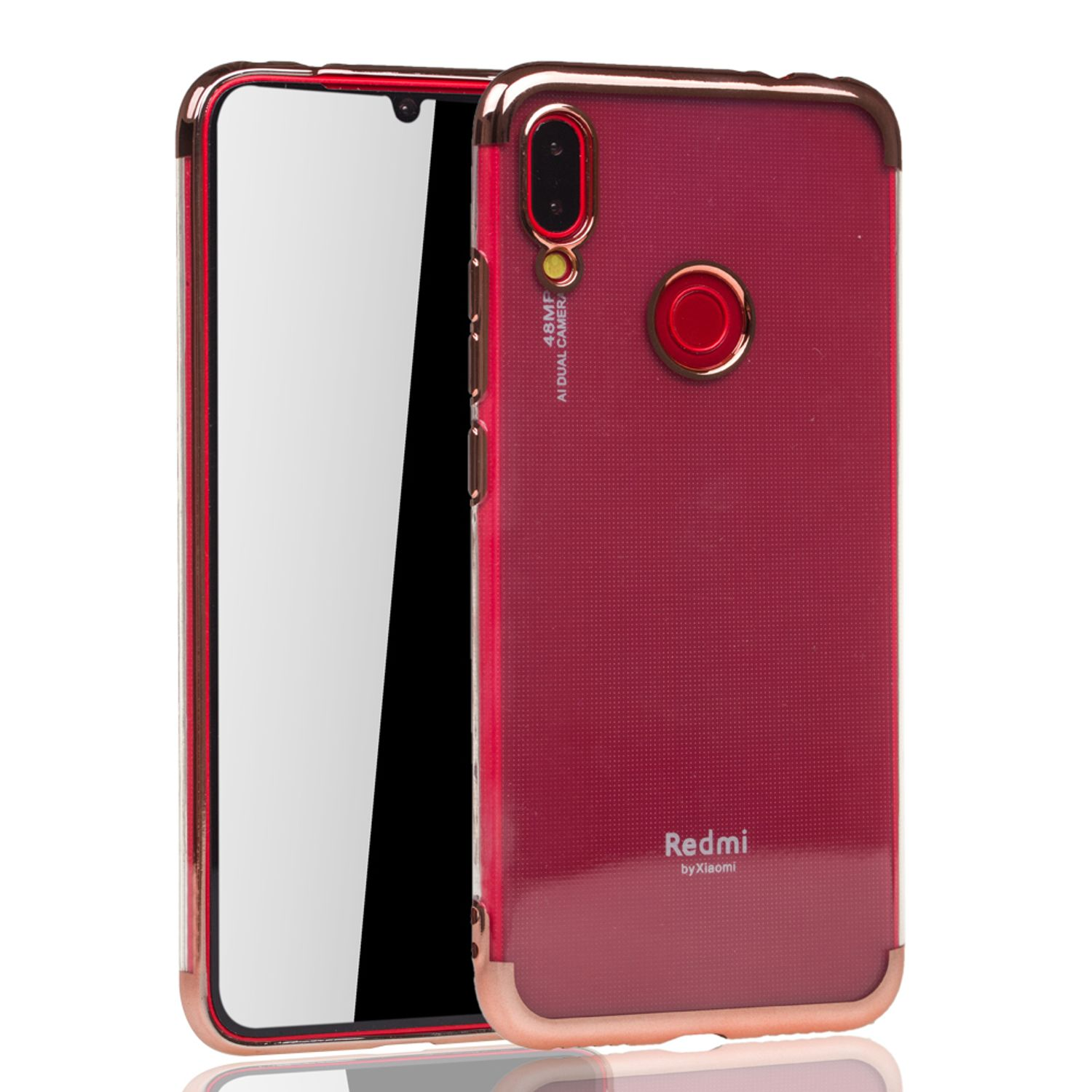 Eine rote Handyhülle mit einem roten Telefon darin. Die Hülle hat einen goldenen Rand. Der Telefonbildschirm ist sichtbar.