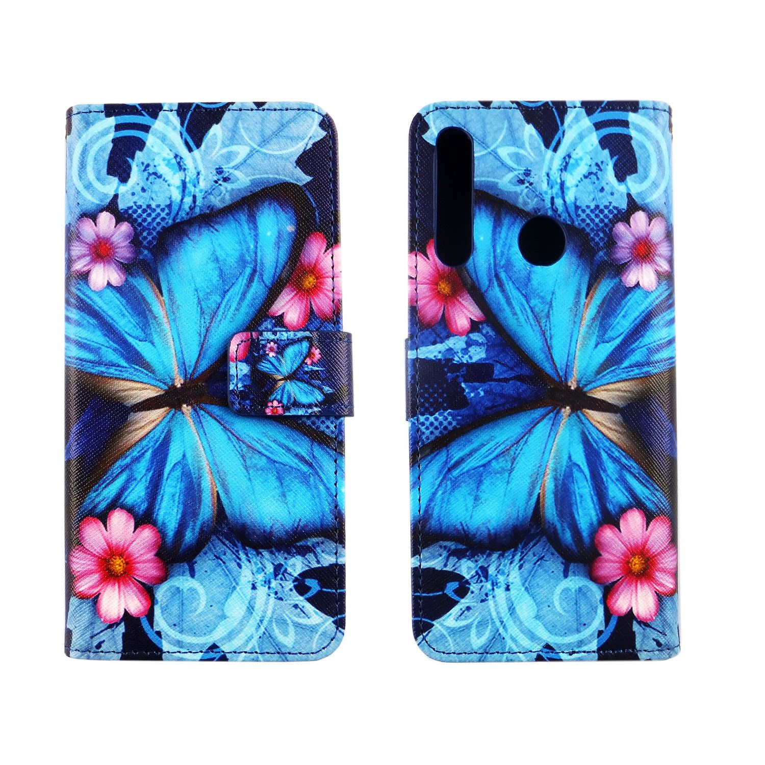 Blaue Schmetterlings-Handyhülle mit rosa Blumen und einem schwarzen Telefon im Inneren. Zwei Ansichten.