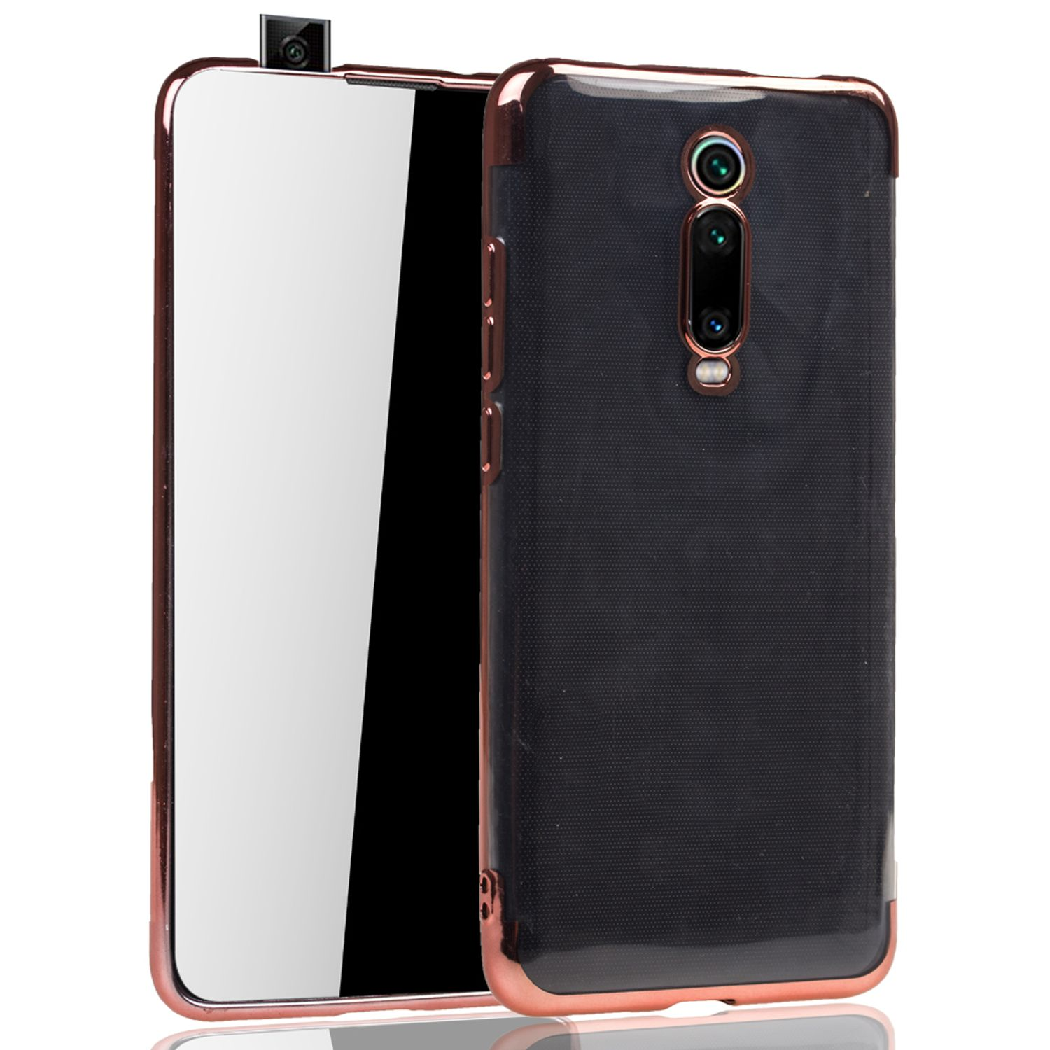 Schwarze Handyhülle mit roségoldfarbenem Rand, Telefonbildschirm abgedeckt, Kamera oben.