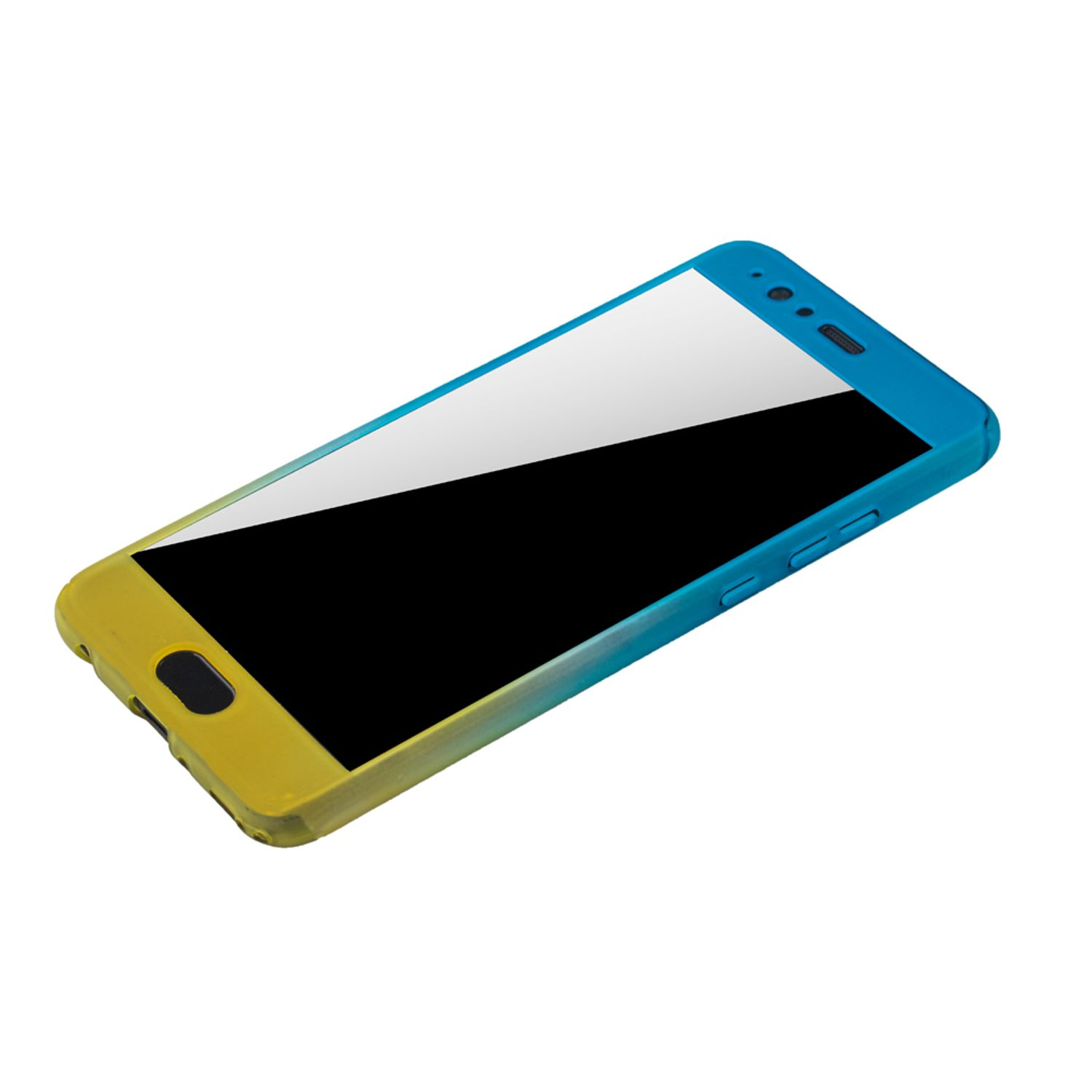 Ein Telefon in einer Hülle mit Farbverlauf. Die Hülle ist blau und gelb. Der Bildschirm ist sichtbar.