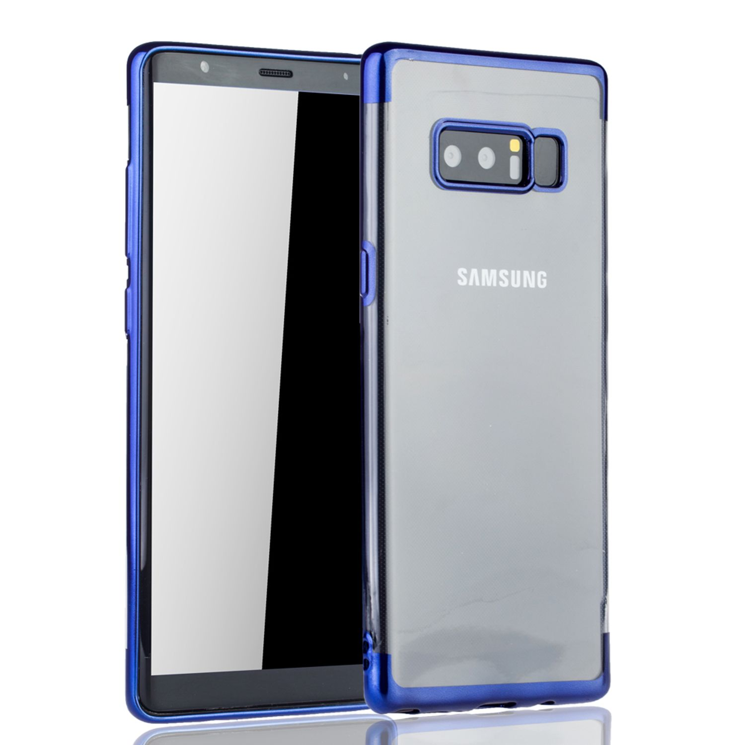 Eine Handyhülle mit einem Telefon darin. Die Hülle ist blau und silber, der Bildschirm des Telefons ist sichtbar.