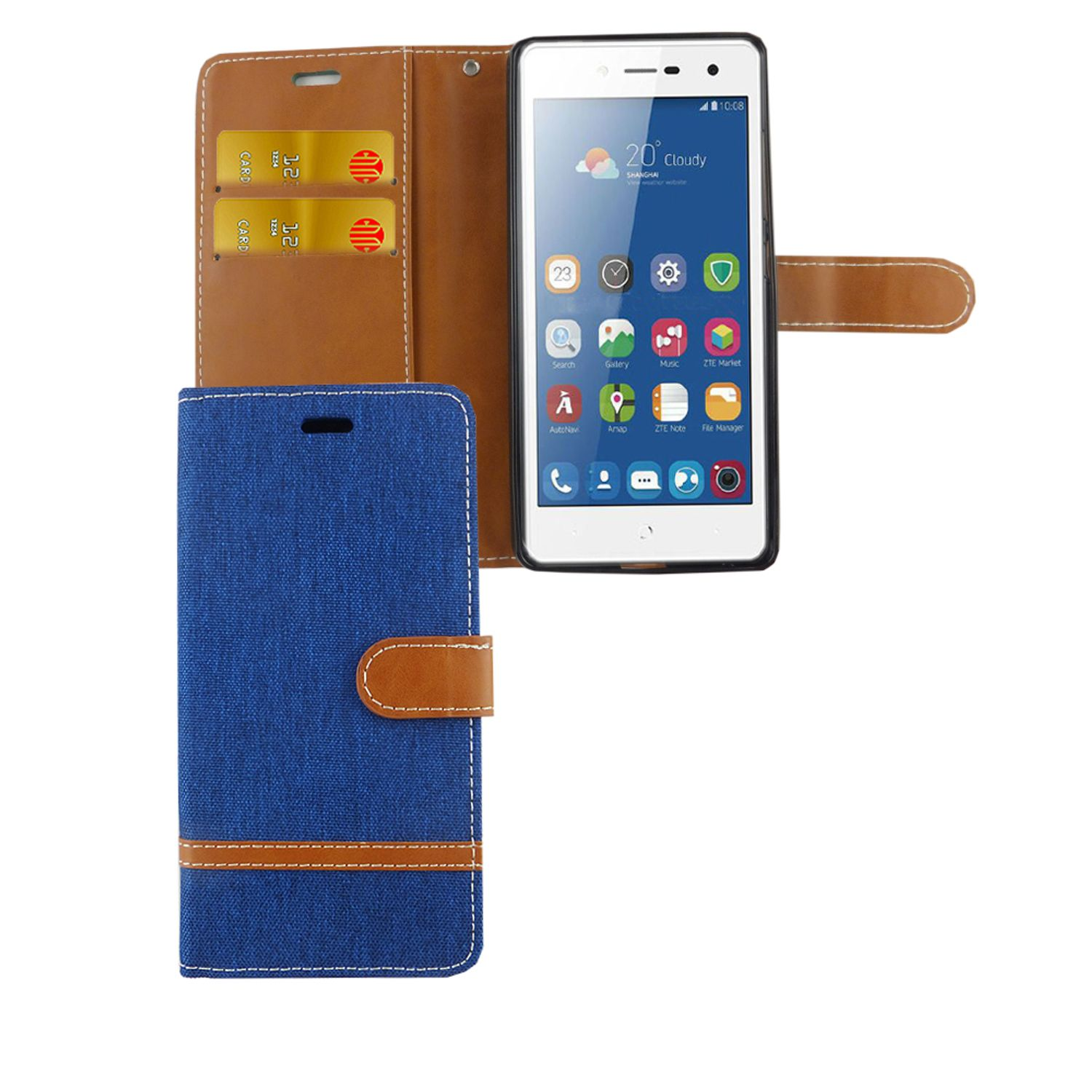 Ein Telefon in einer blau-braunen Hülle, offen. Der Bildschirm zeigt eine Telefonschnittstelle.