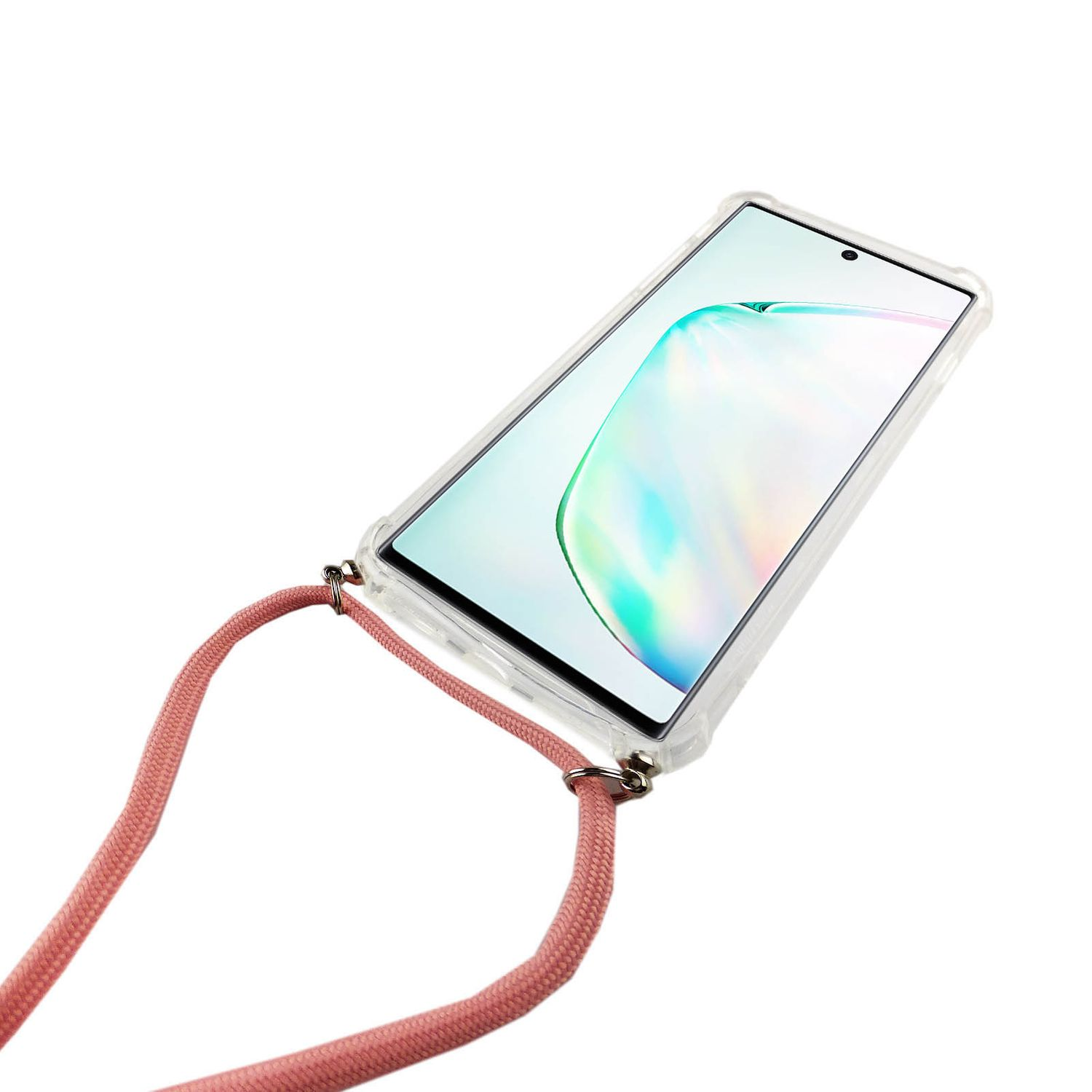 Telefon mit pinkfarbenem Lanyard. Das Telefon ist in einer transparenten Hülle. Weißer Hintergrund.
