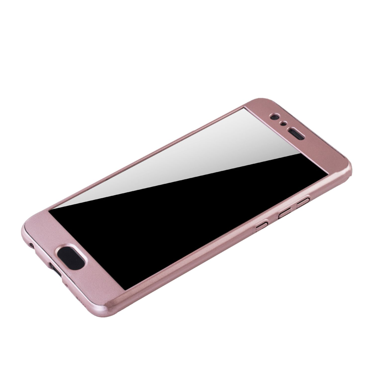 Rosa Telefon im Gehäuse mit schwarzem Bildschirm, schräge Ansicht.