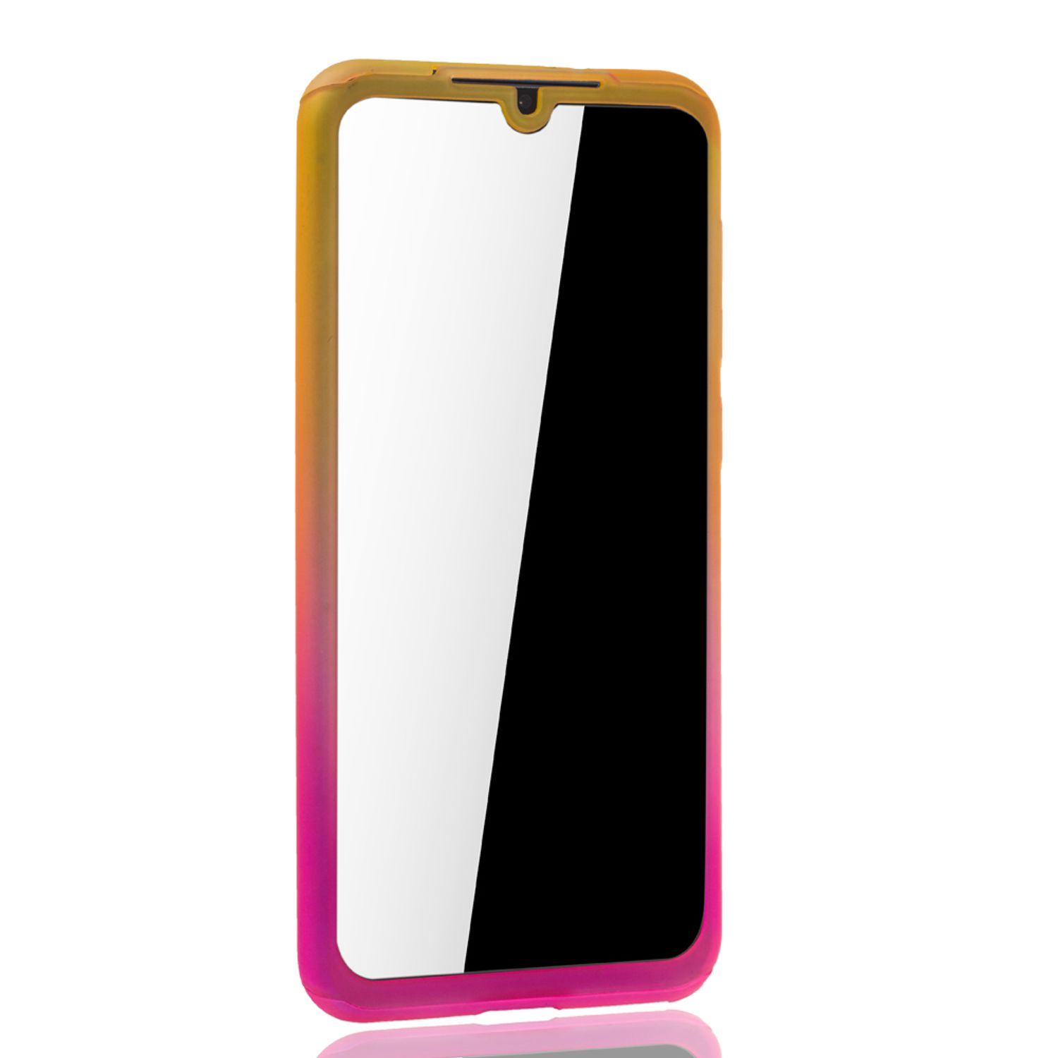 Telefon mit Farbverlauf-Hülle in Gelb, Orange und Pink. Bildschirm weiß.