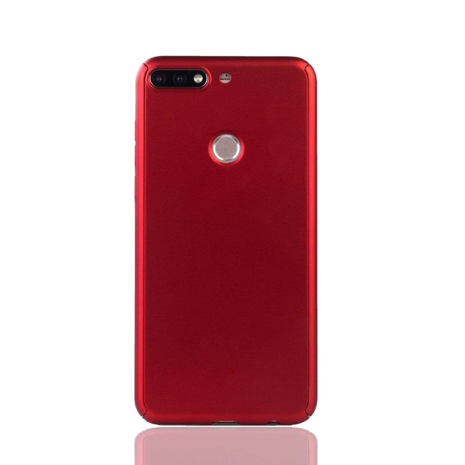 Rote Telefonhülle mit Kameraausschnitten und Fingerabdrucksensor, vor weißem Hintergrund.