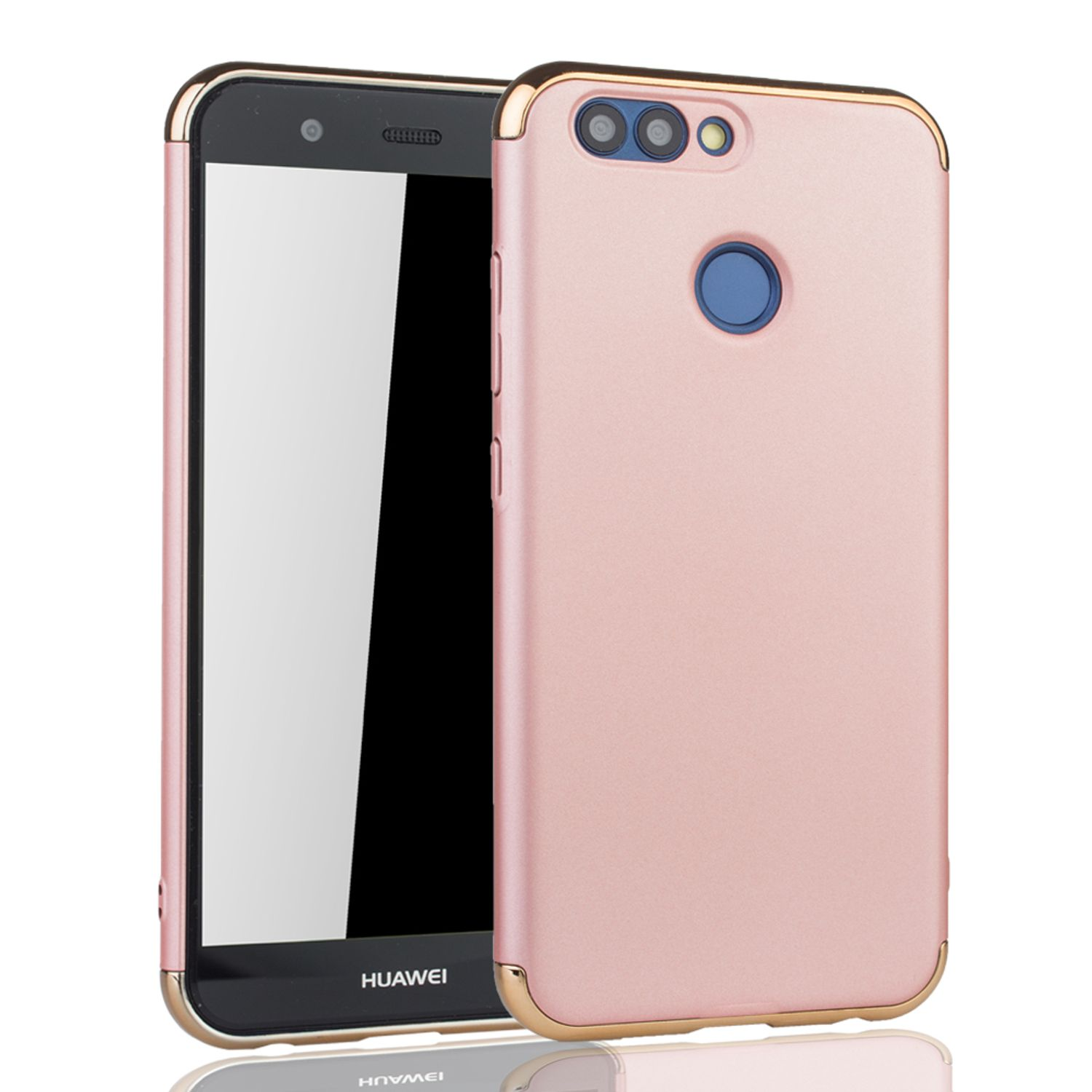 Rosa Handyhülle mit goldenem Rahmen und Kameradetails. Huawei-Logo befindet sich auf dem Telefon.