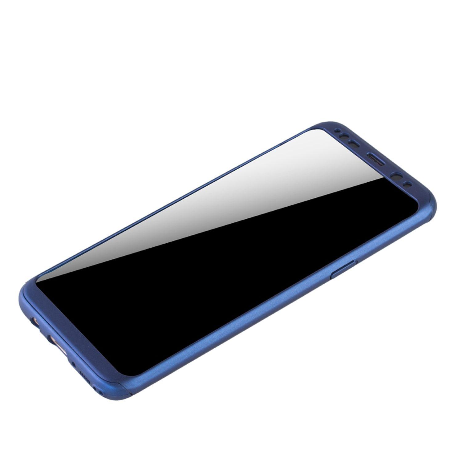 Blaue Handyhülle mit schwarzem Bildschirm. Weißer Hintergrund.