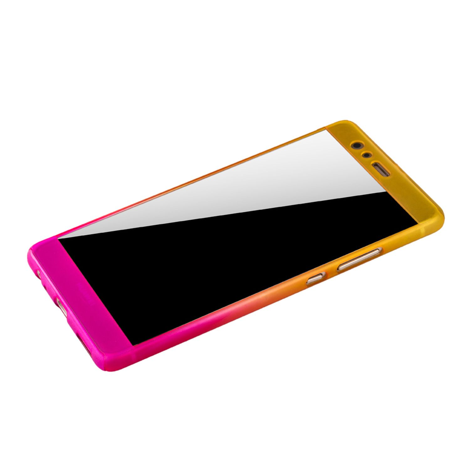 Ein Telefon mit einem Farbverlauf von Pink zu Gelb. Der Bildschirm ist schwarz.