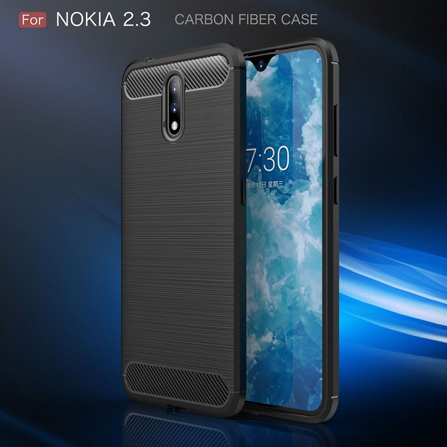 Schwarze Carbonfaser-Hülle für Nokia 2.3. Das Telefon befindet sich in der Hülle.