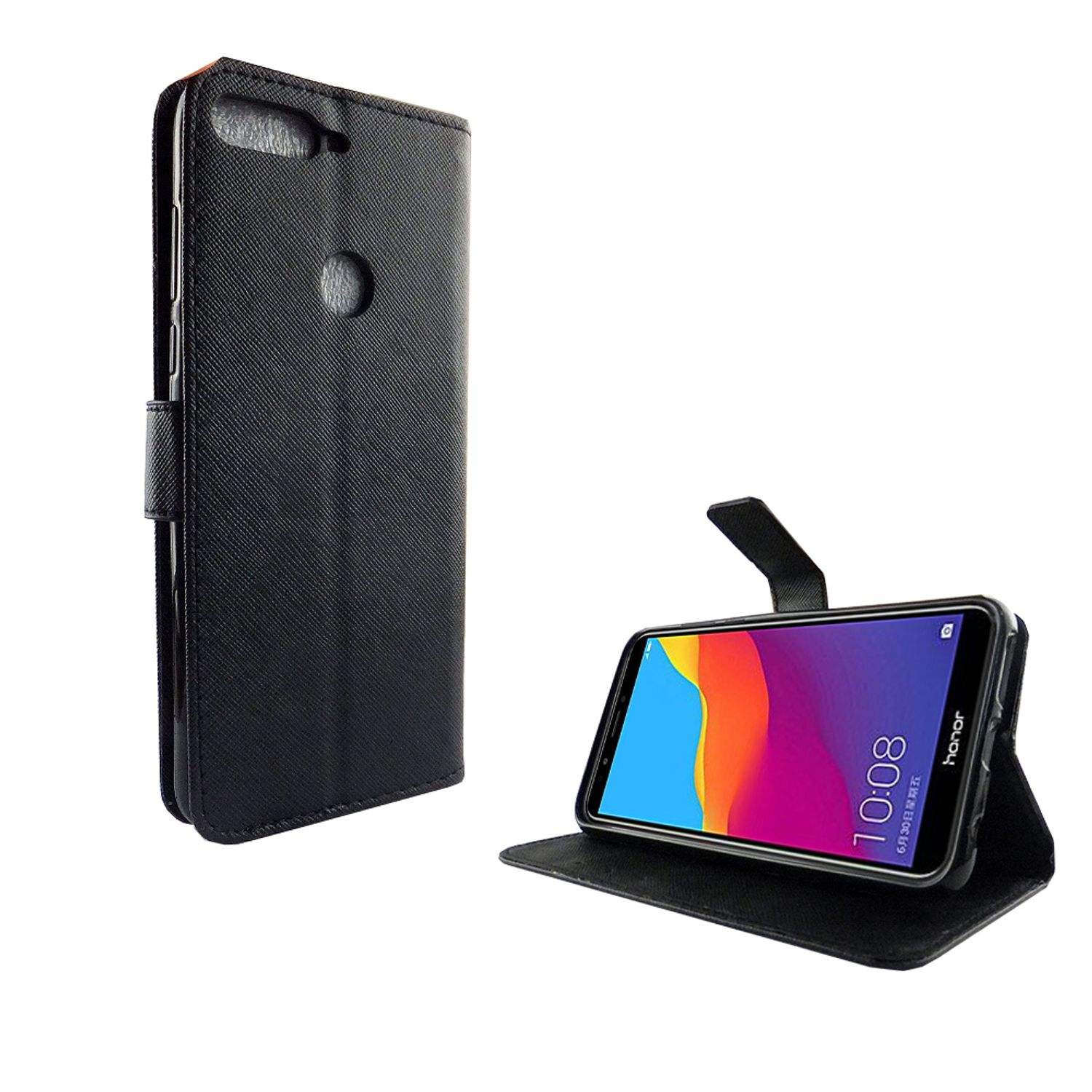 Schwarze Handyhülle, offen. Telefon innen mit Bildschirm an. Text auf dem Bildschirm.