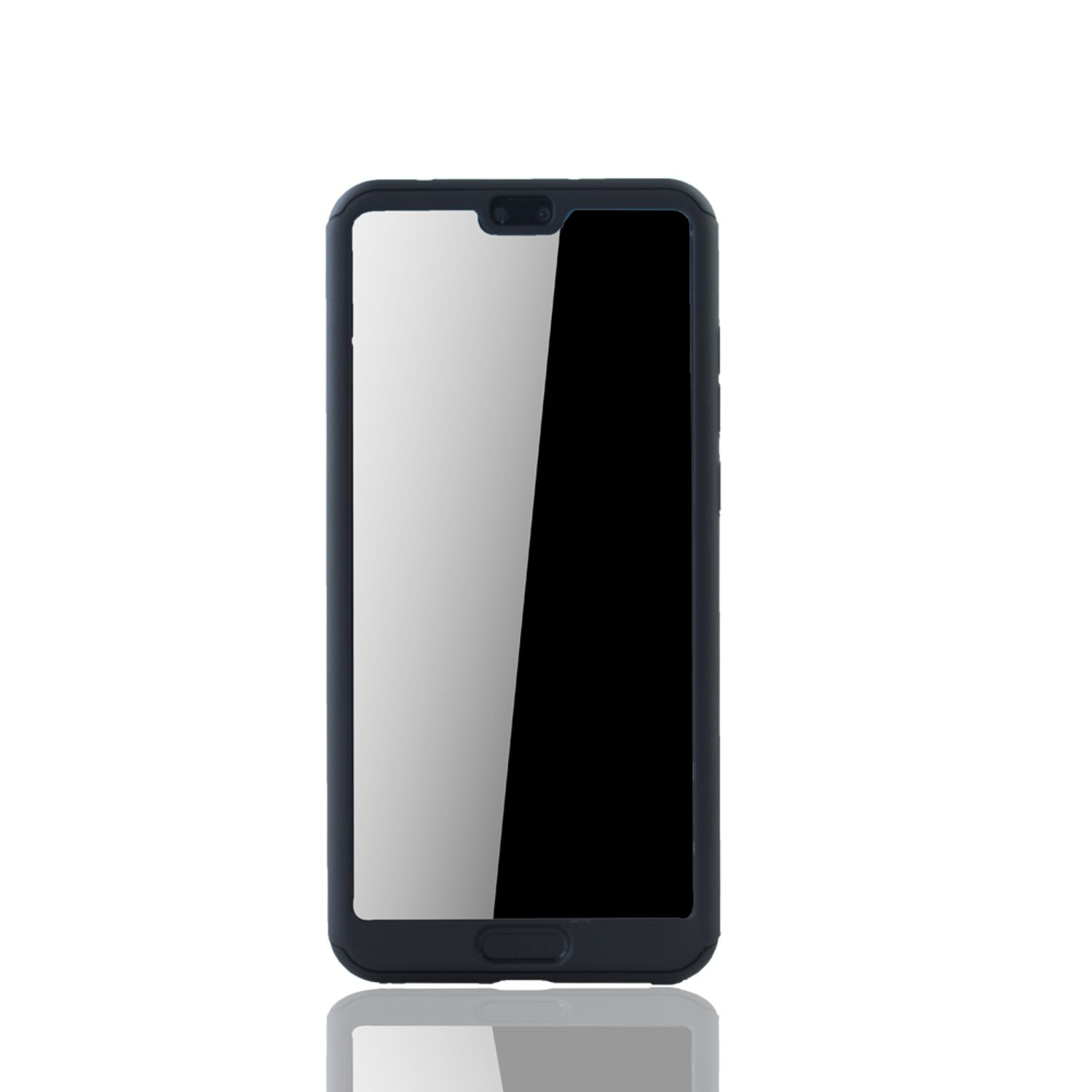 Ein Telefon in einer Hülle. Die Hülle ist dunkel und bedeckt die Ränder. Weißer Hintergrund.