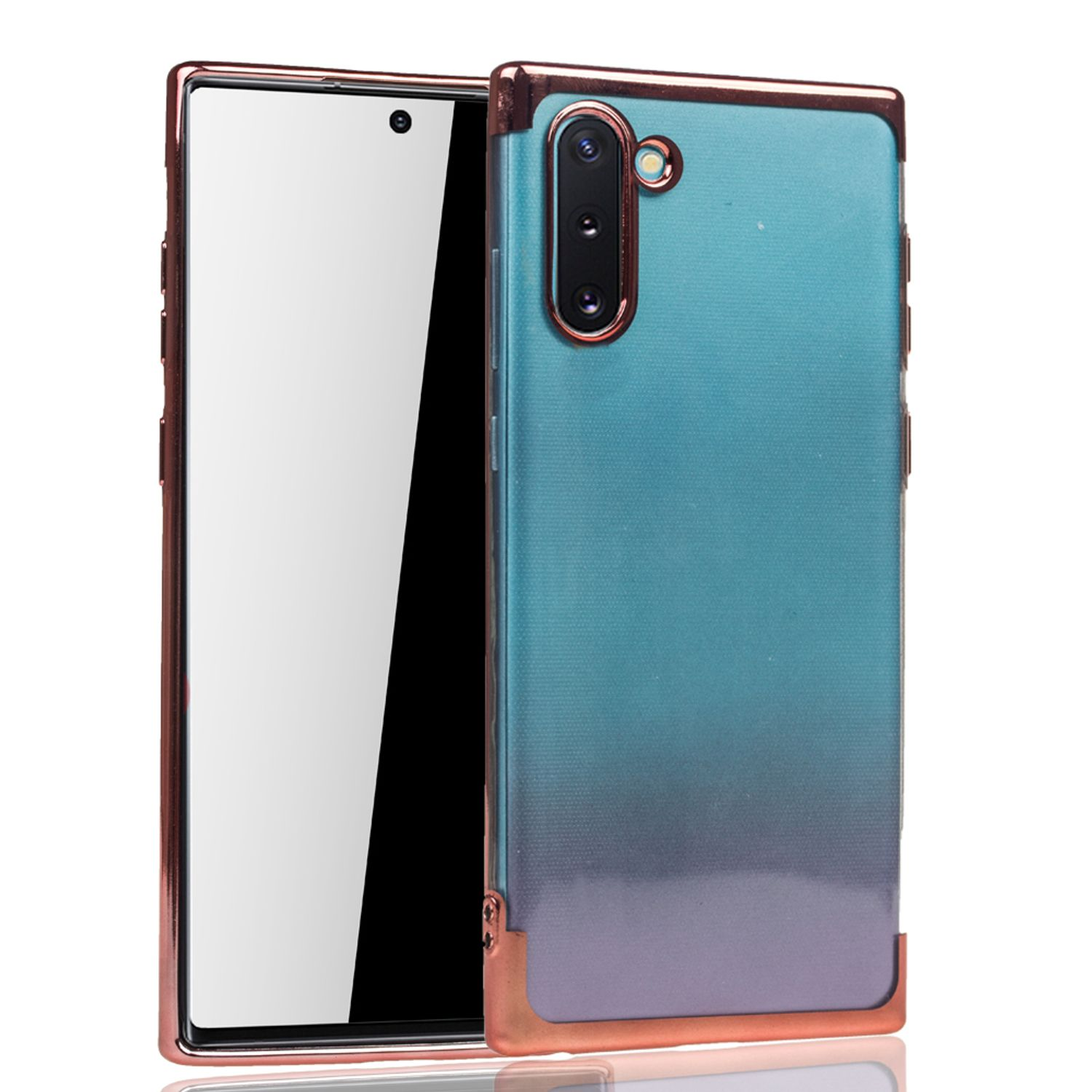 Telefon mit blauem Farbverlauf-Gehäuse. Kupferfarbener Rahmen. Weißer Hintergrund.