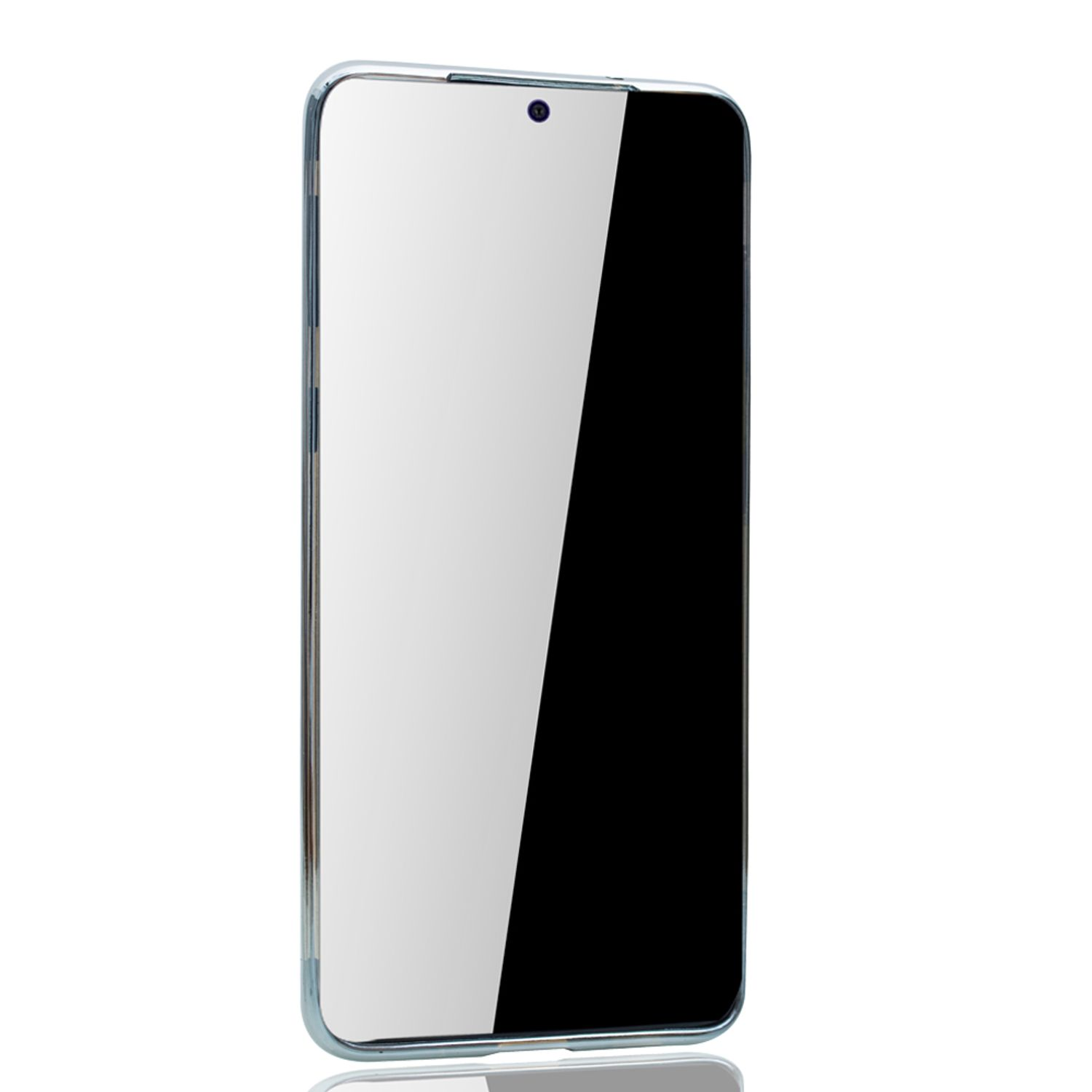 Ein Smartphone mit Displayschutz, hellblauem Rahmen und weißem Hintergrund.