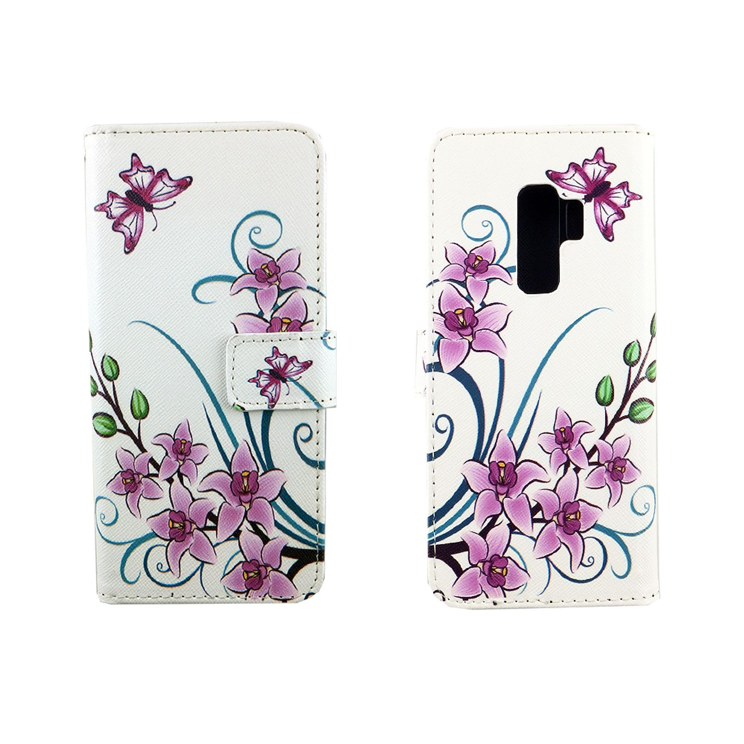 Weiße Handyhülle mit rosa Blumendesign. Auch Schmetterlinge werden gezeigt. Die Hülle ist offen. Weißer Hintergrund.