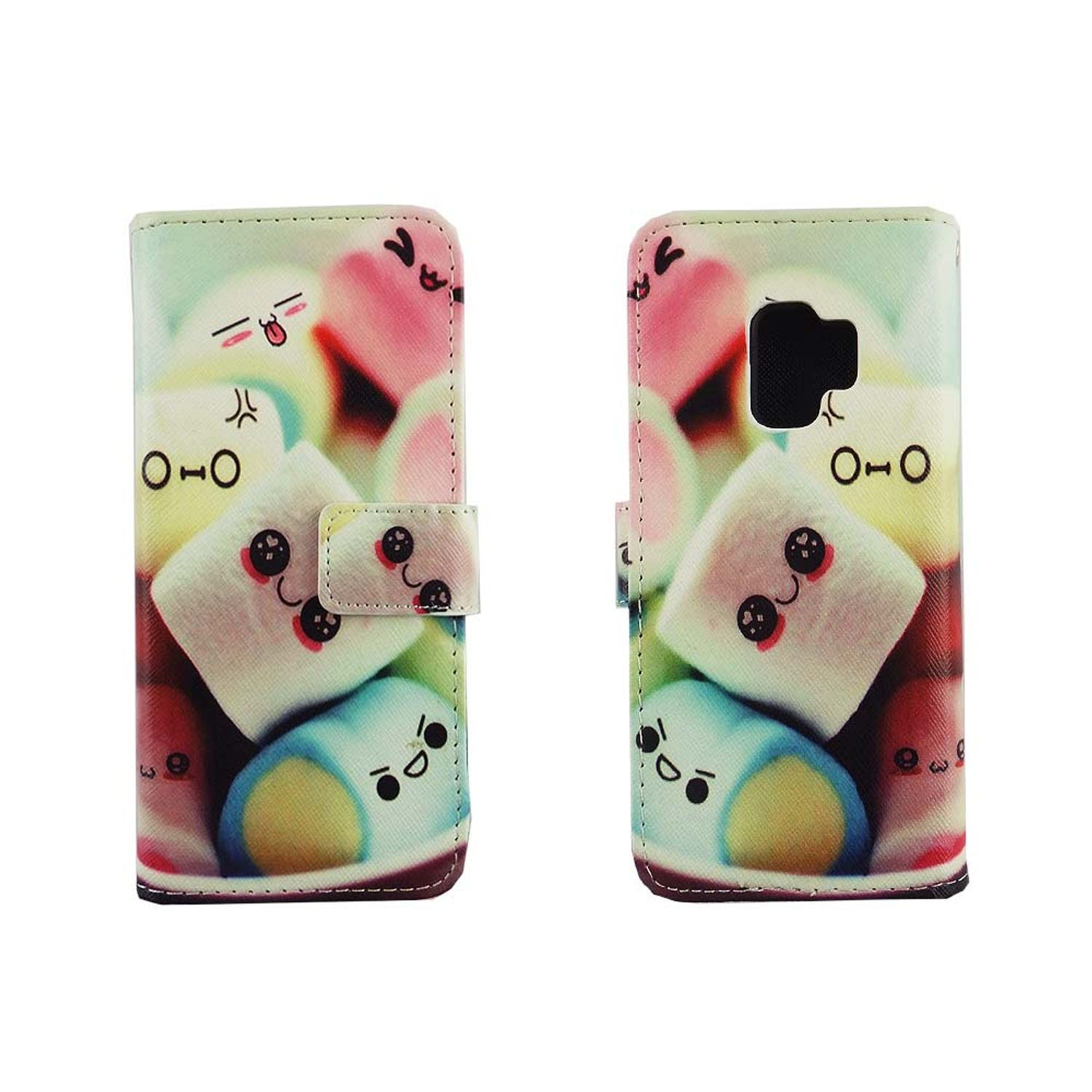 Handyhülle mit Marshmallow-Design, offen zur Anzeige des Telefons, auf weißem Hintergrund.