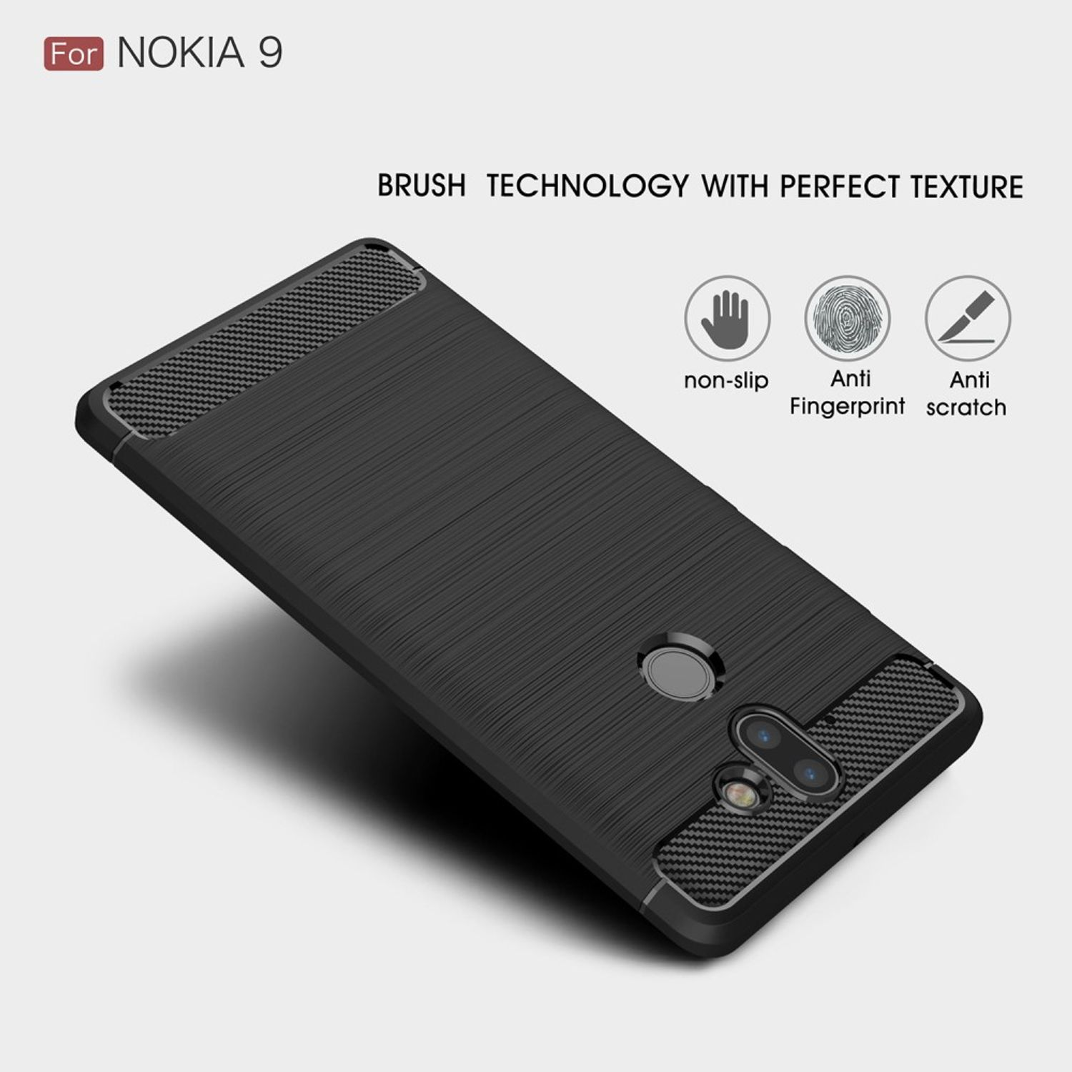 Schwarze Handyhülle für Nokia 9, gebürstete Textur, rutschfest, fingerabdruckresistent und kratzfest.