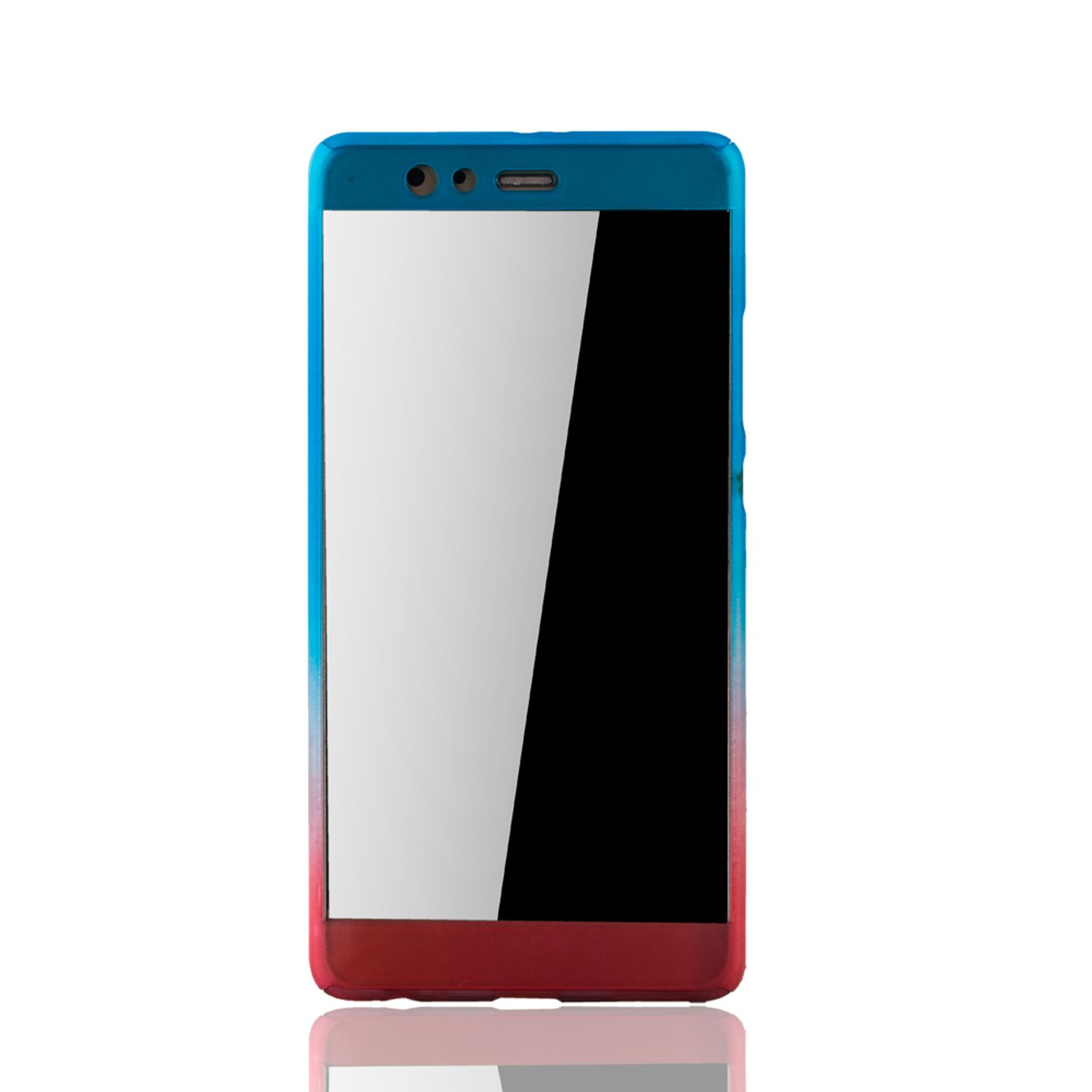 Ein Telefon mit blau-rotem Farbverlauf. Der Bildschirm ist weiß und die Rückseite ist schwarz.