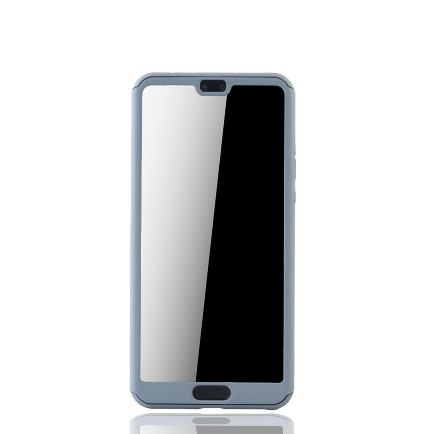 Ein Mobiltelefon in einem hellblauen Rahmen mit Displayschutz. Der Bildschirm ist schwarz.