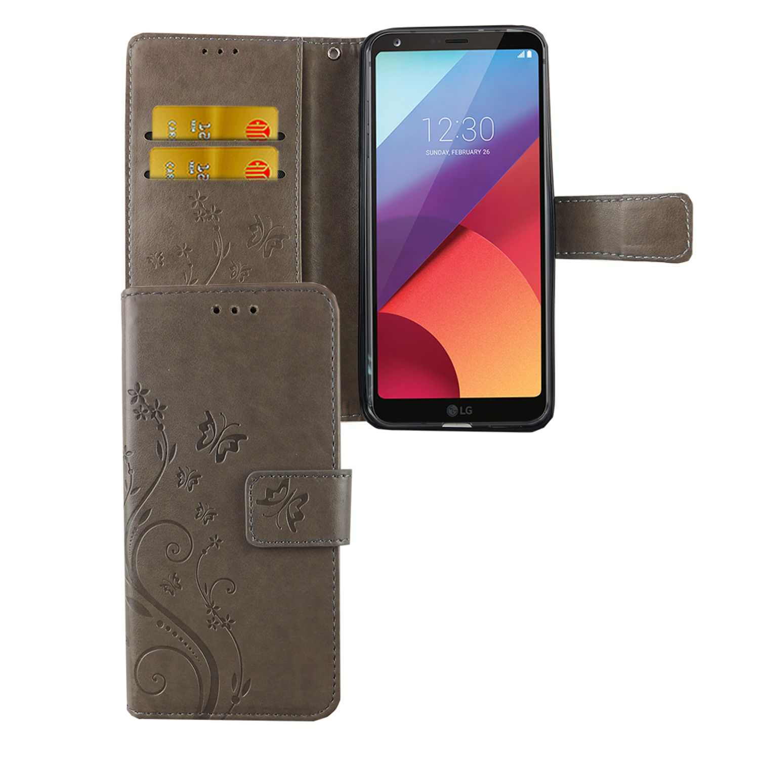 Graue Handyhülle mit Telefon und zwei Karten. Mit Blumen verziert. Weißer Hintergrund.