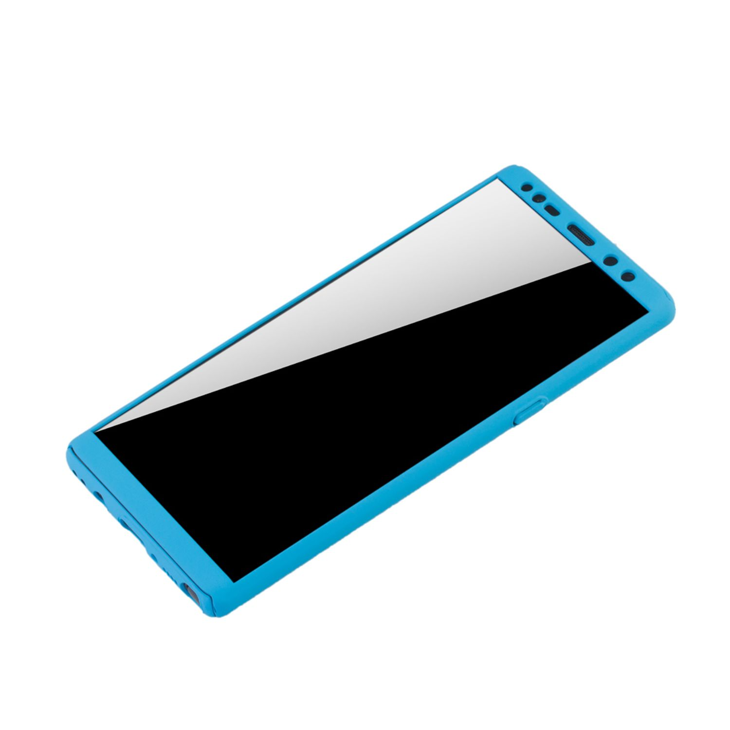 Blauer Telefonrahmen mit leerem Bildschirm, schräge Ansicht, isoliert auf weißem Hintergrund.