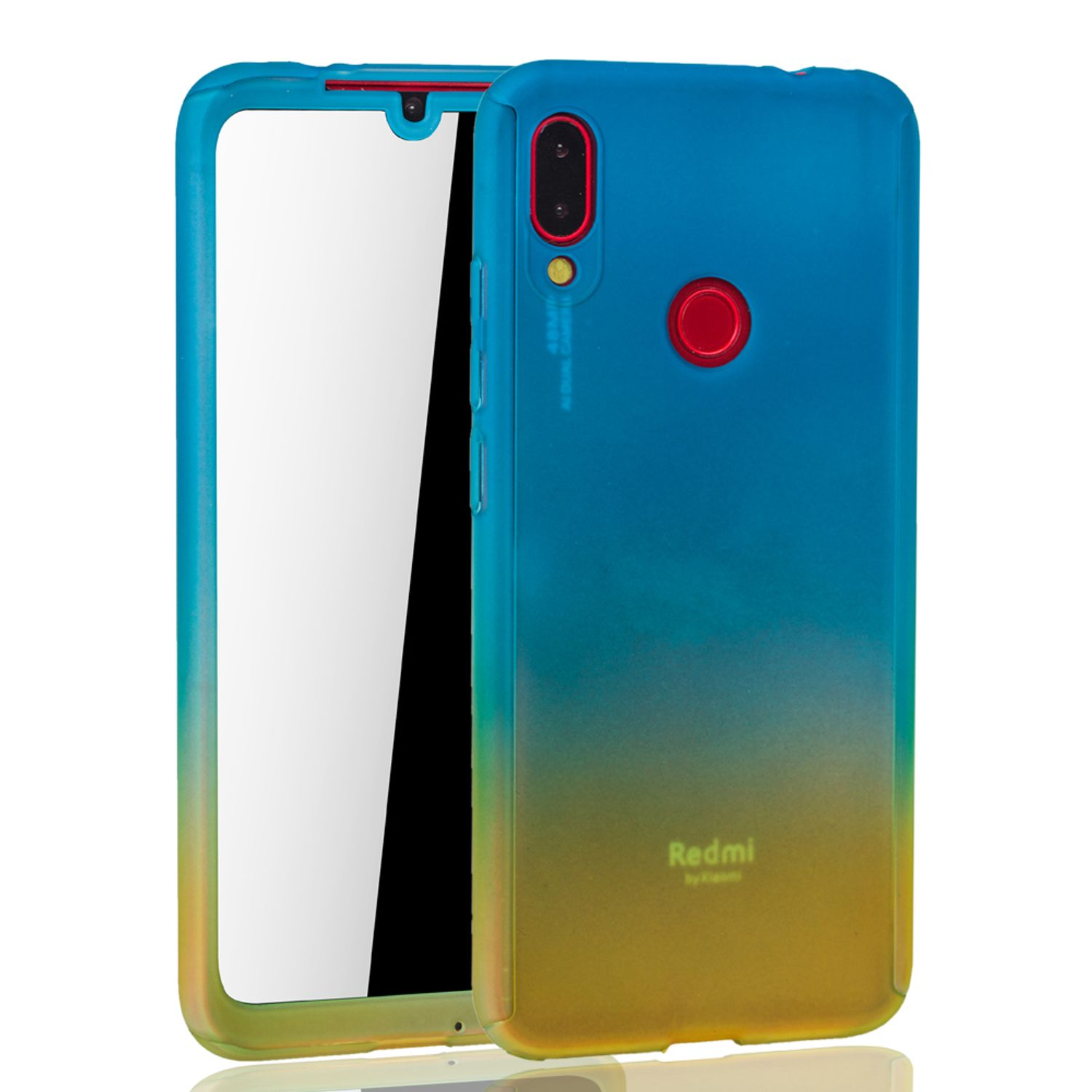 Blau-gelbe Handyhülle, mit einem Telefon darin. Weißer Hintergrund.
