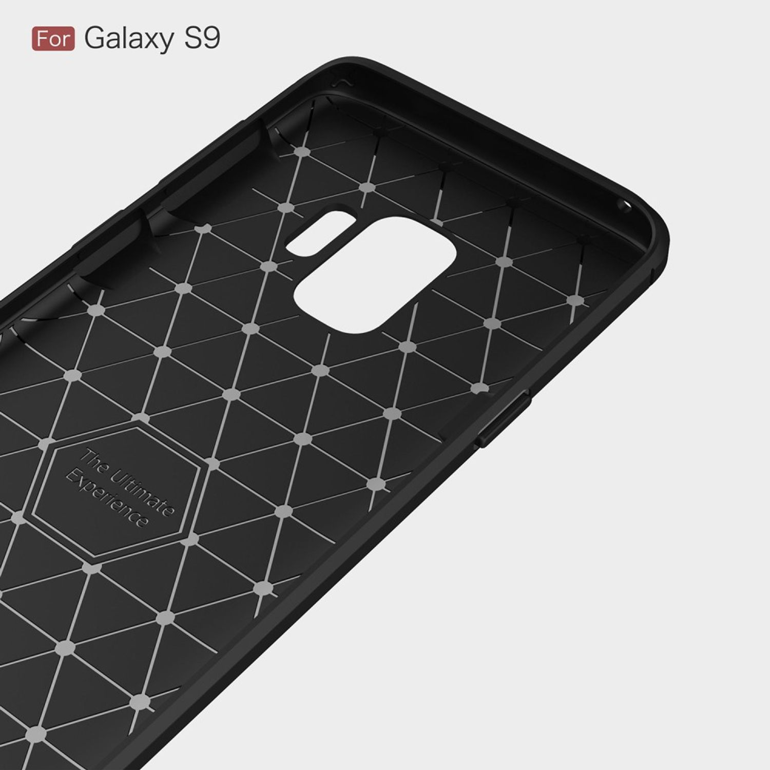 Schwarze Handyhülle für Galaxy S9, mit Wabenmuster und Text.