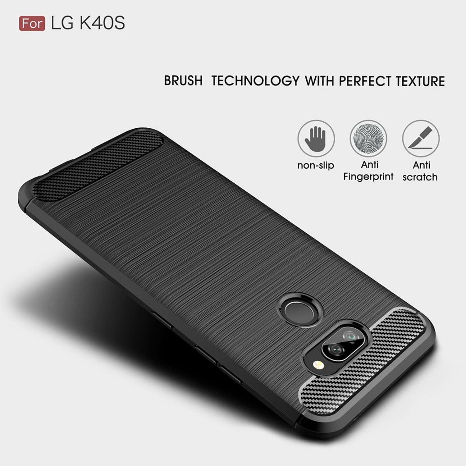 Schwarze Handyhülle für LG K40S. Eigenschaften: rutschfest, Anti-Fingerabdruck und kratzfest.