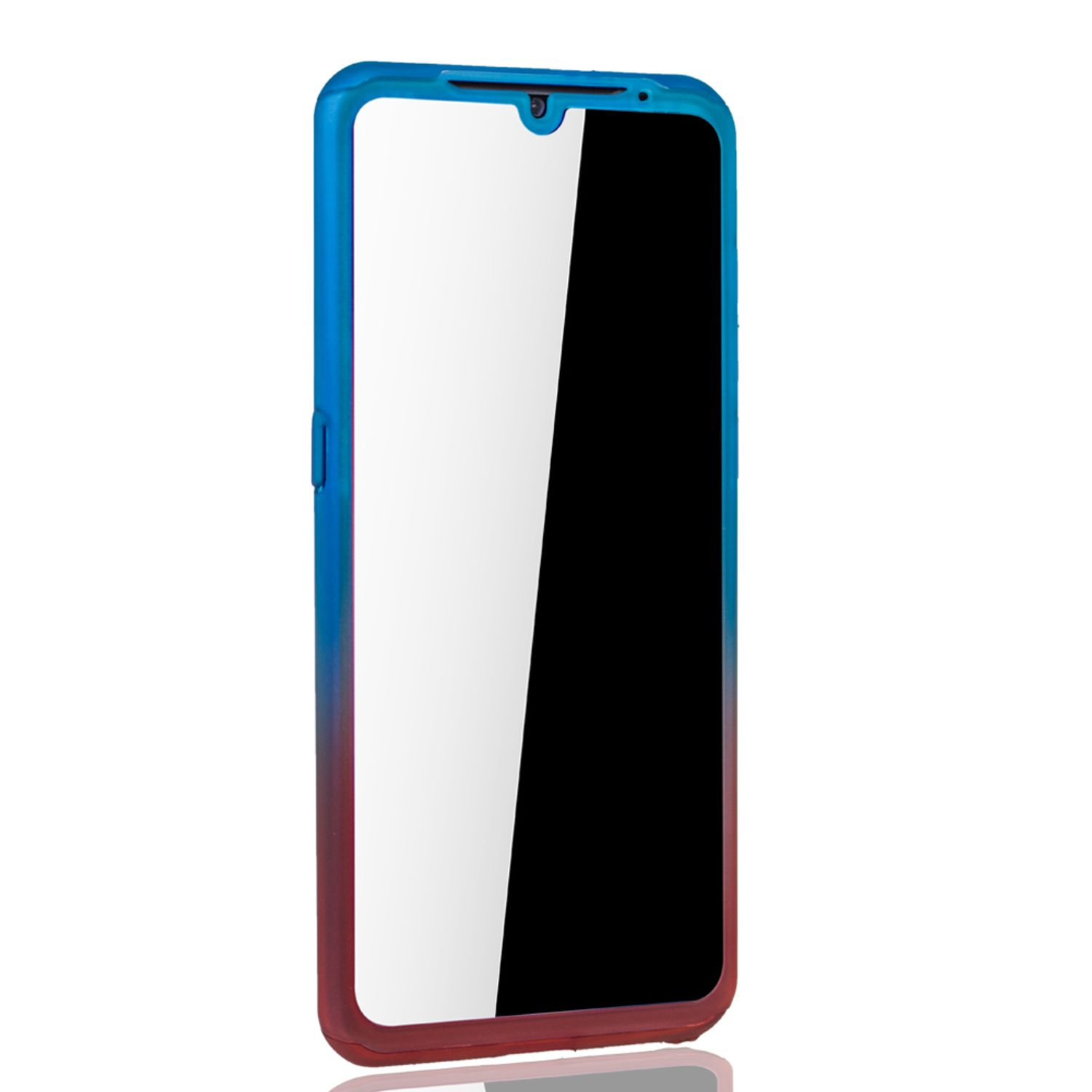 Ein Smartphone mit blau-rotem Farbverlauf-Rahmen und weißem Bildschirm auf weißem Grund.