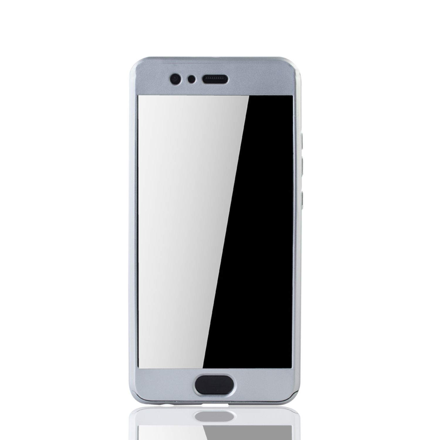 Ein silbernes Telefon mit weißem Bildschirm und schwarzem Display. Das Telefon liegt auf einer weißen Oberfläche.