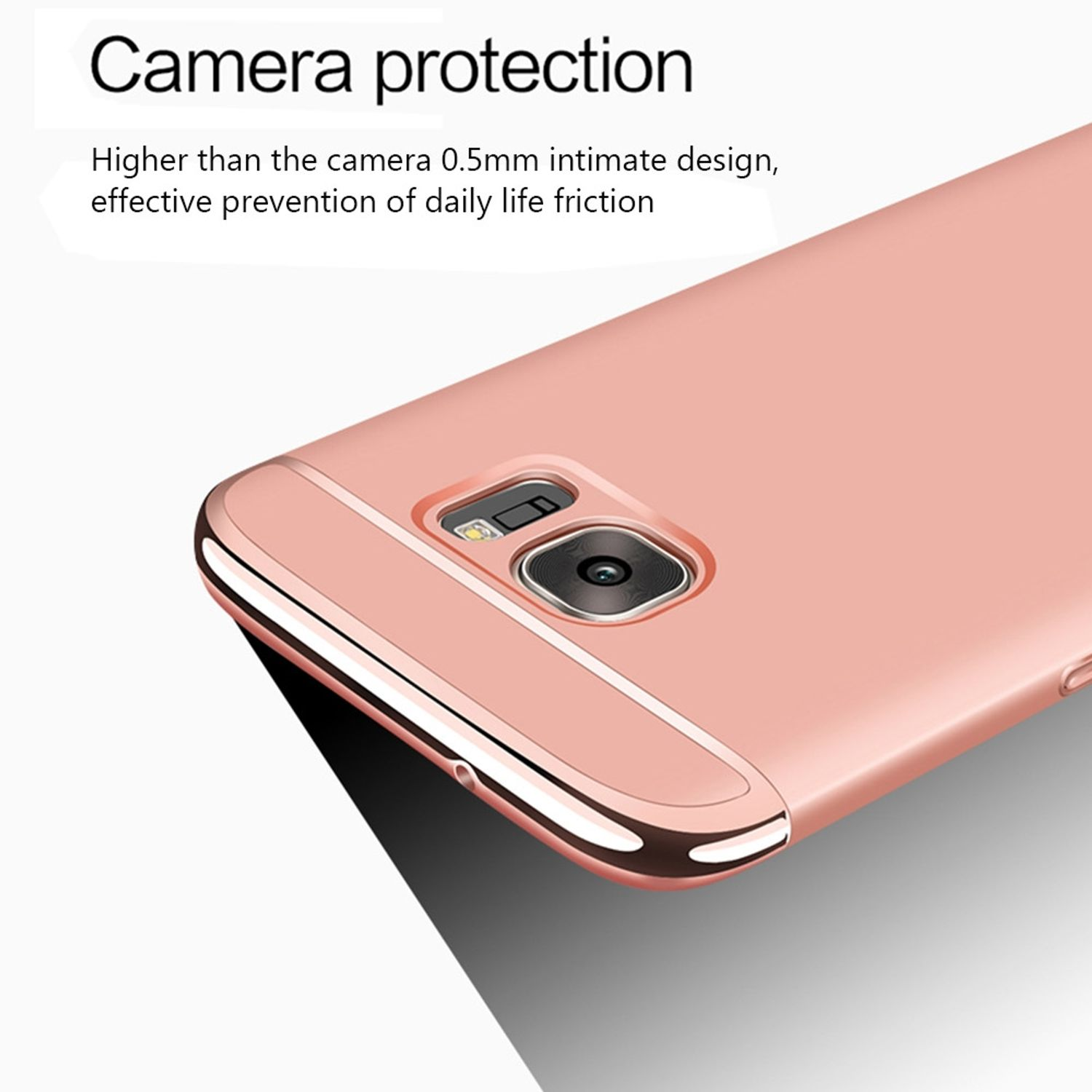 Nahaufnahme einer rosa Handyhülle. Die Hülle hat einen Kameraausschnitt mit goldenem Rand.