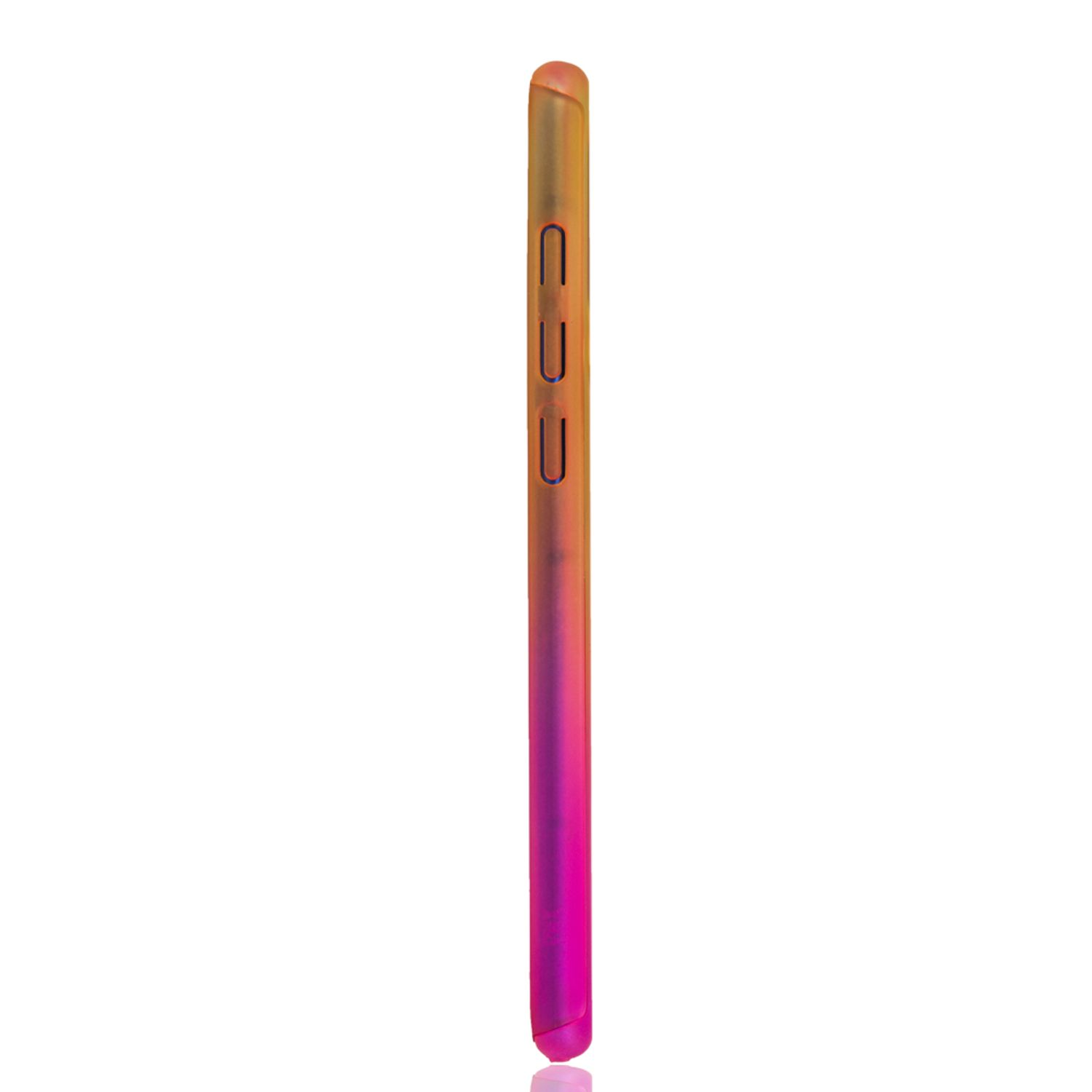 Seitenansicht einer pink-orangefarbenen Farbverlauf-Handyhülle mit Lautstärketasten. Weißer Hintergrund.