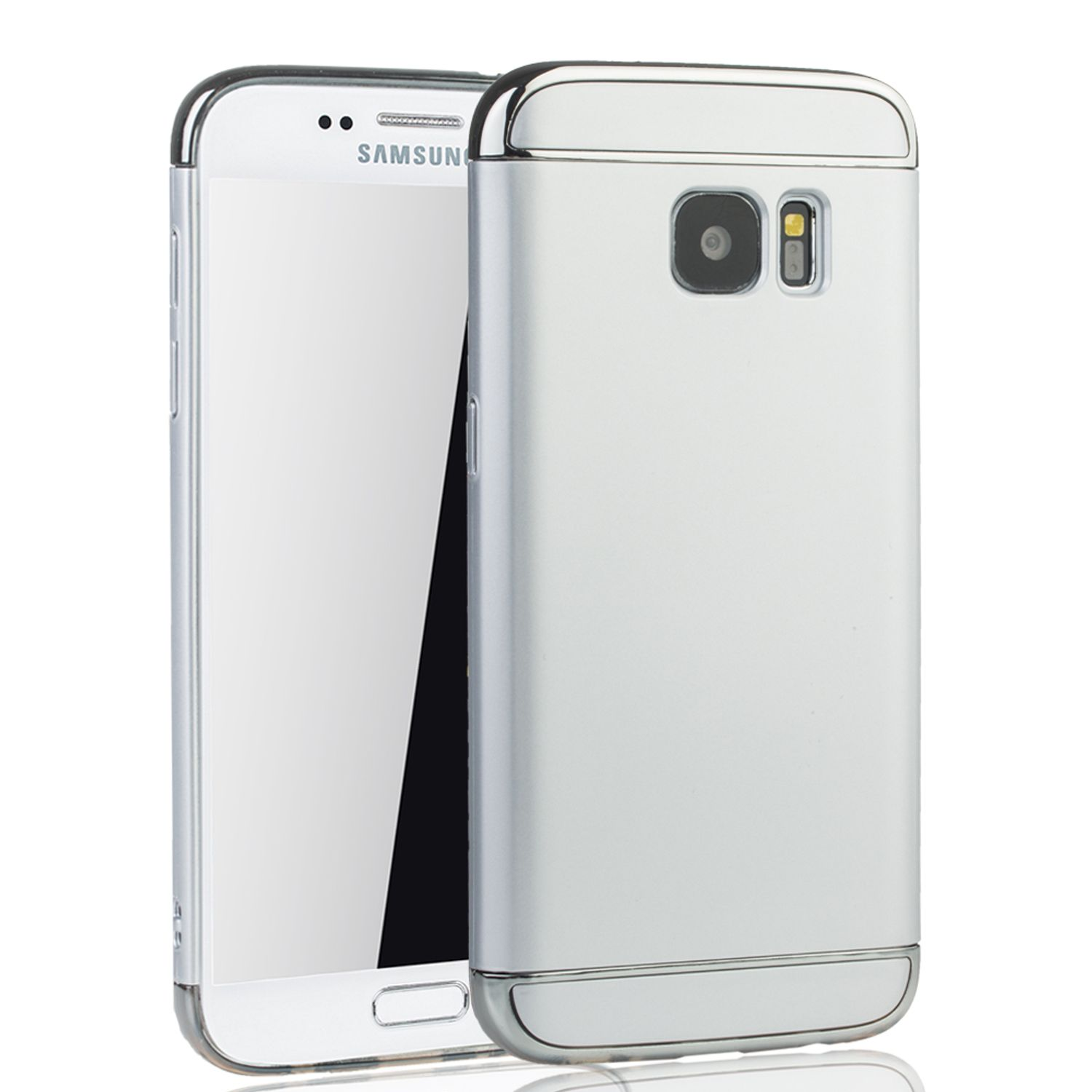 Silberne Handyhülle mit verspiegeltem Rücken, mit einem Samsung-Telefon darin.