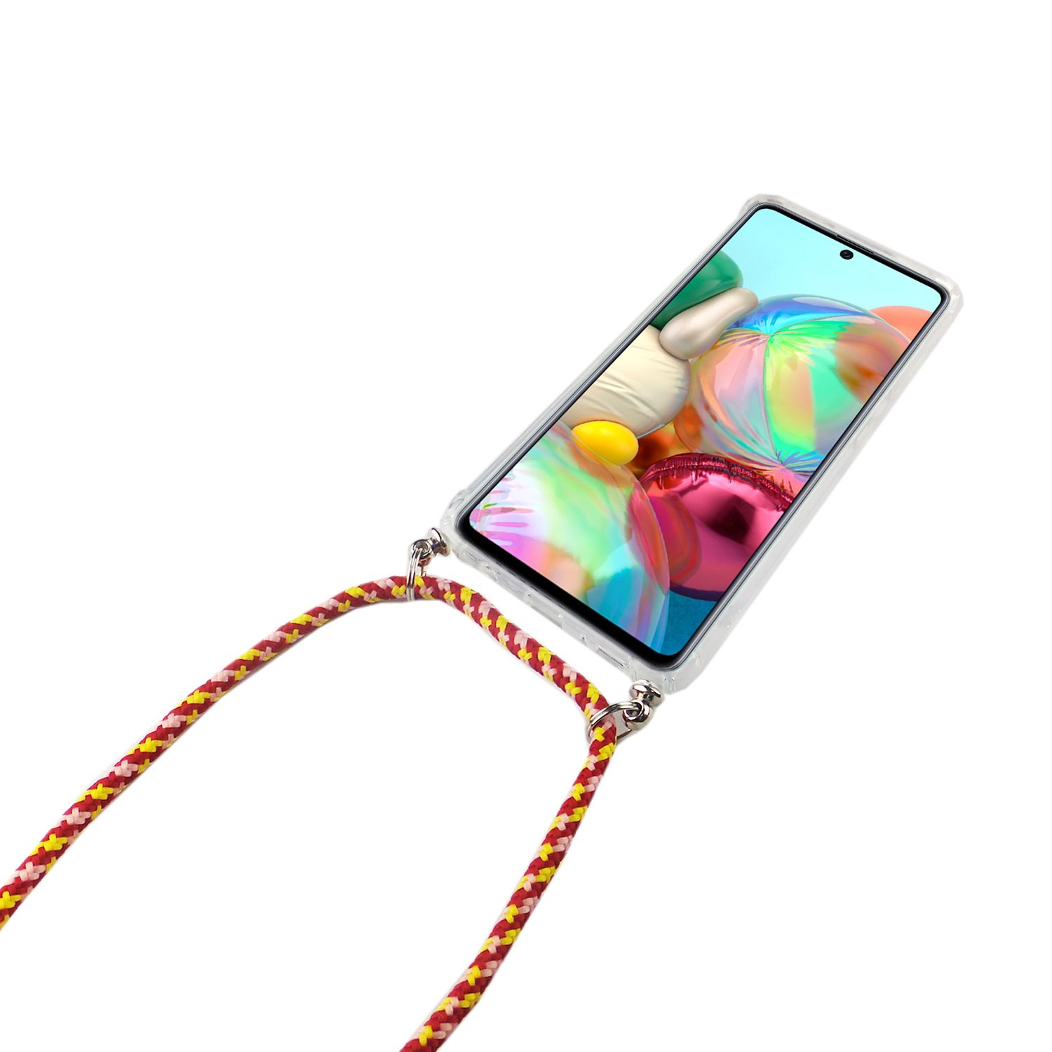 Telefon in transparentem Case mit Lanyard. Weißer Hintergrund. Das Lanyard ist rot und gelb.