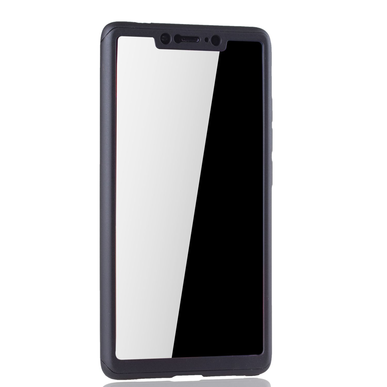 Ein schwarzes Telefon in einer Hülle mit weißem Displayschutz, offen.