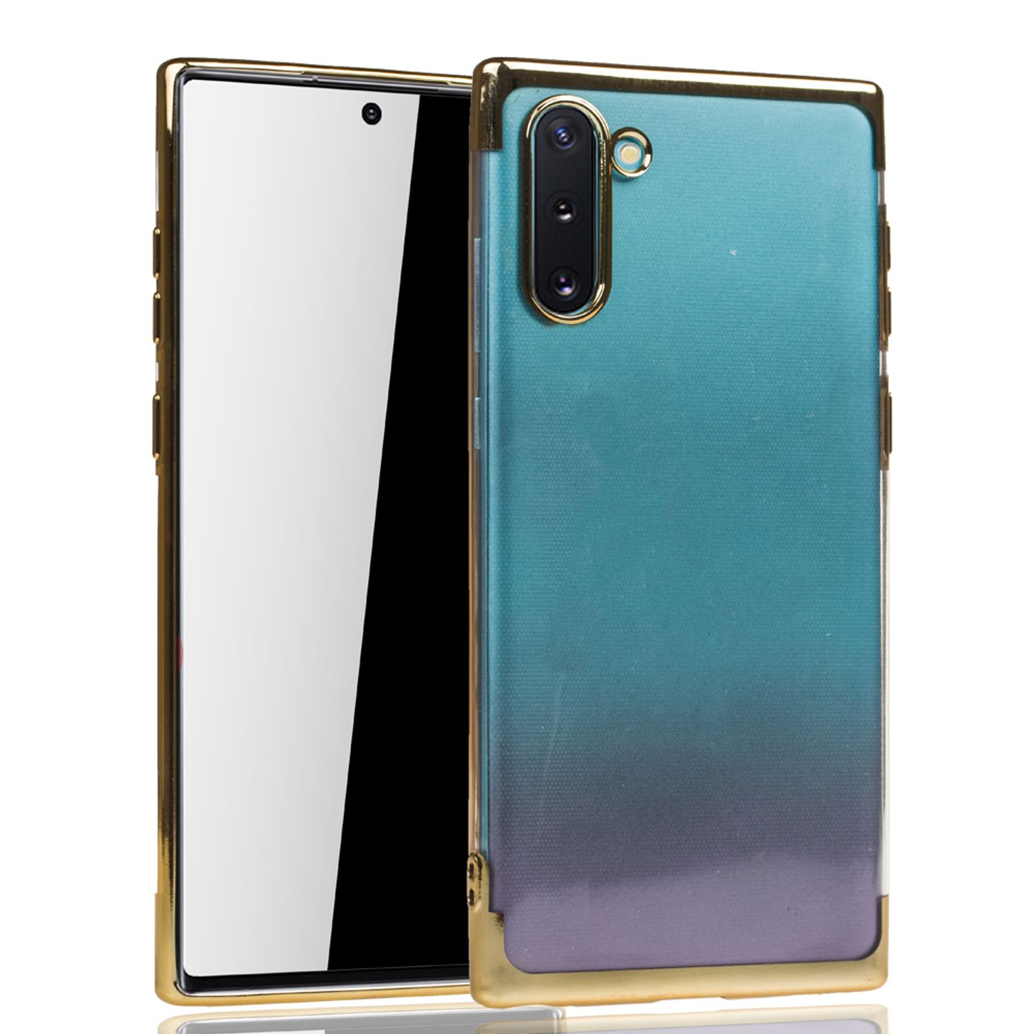 Telefon in einer goldgerahmten Hülle mit blau-grünem Farbverlauf. Das Telefon liegt seitlich.