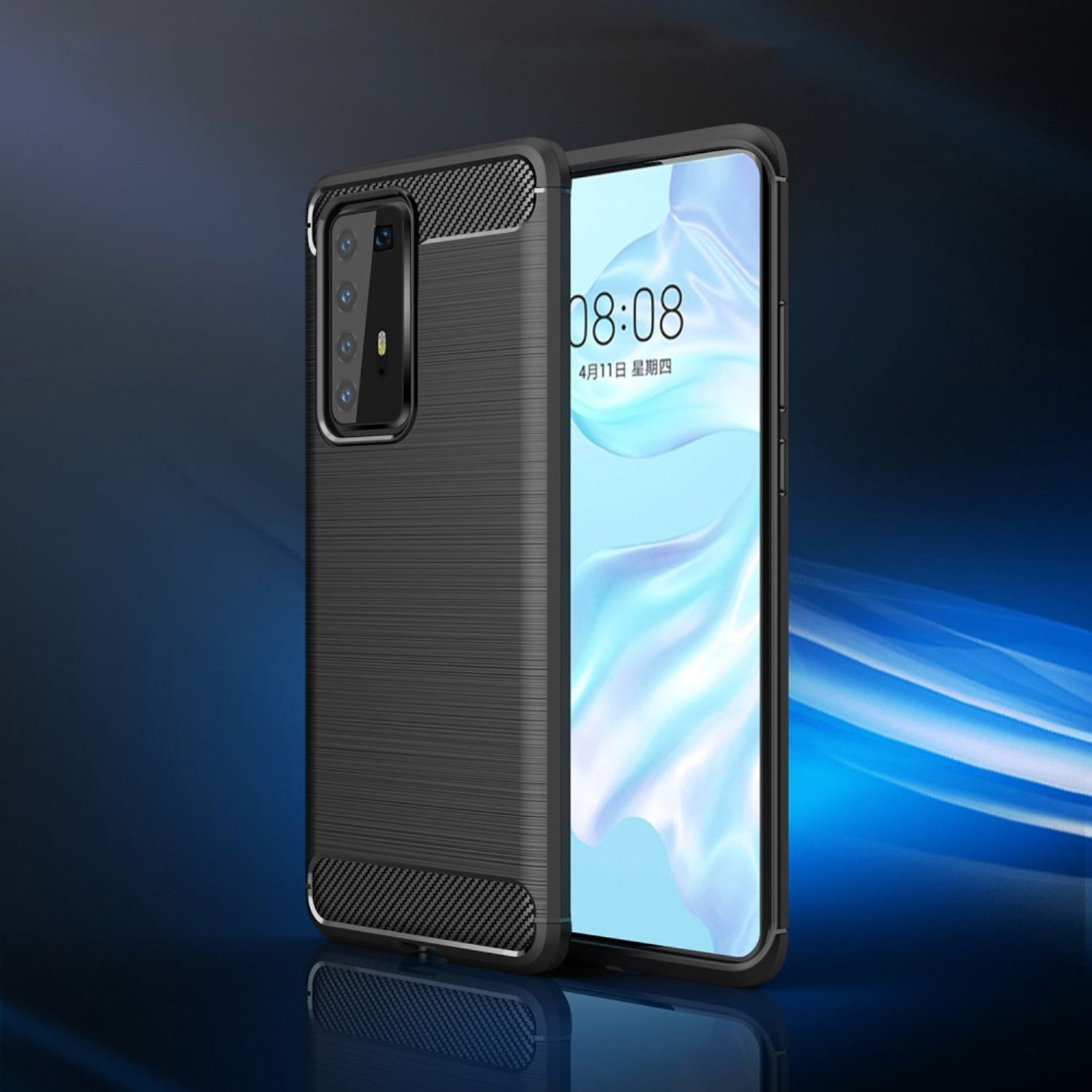 Ein schwarzes Telefon in einer schwarzen Hülle, ein zweites Telefon ist sichtbar. Blauer Hintergrund.