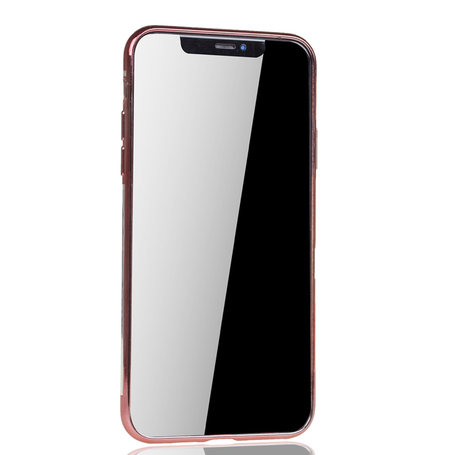 Roségoldenes Telefon mit schwarzem Bildschirm. Keine Hülle. Reflektierende Oberfläche, weißer Hintergrund.