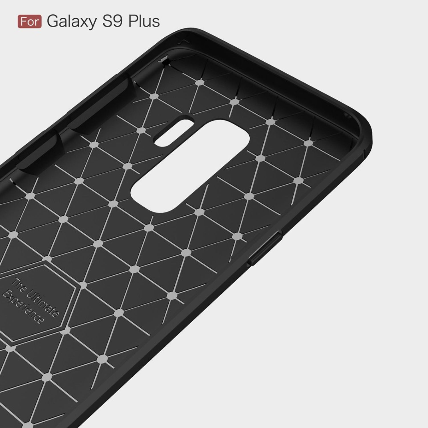 Schwarze Telefonhülleninnenseite mit Rautenmuster. Der Text The Ultimate Experience befindet sich unten links. Für Galaxy S9 Plus.