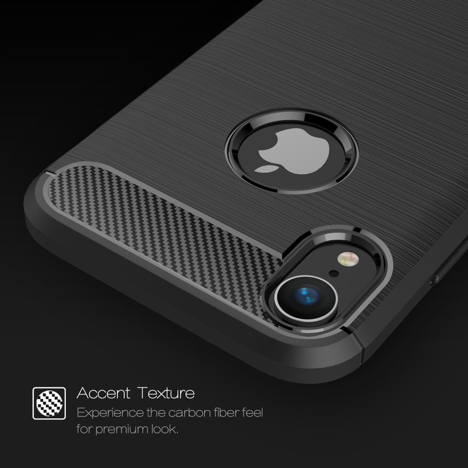 Schwarze Handyhülle, Nahaufnahme. Das Gehäuse hat ein Kohlefaserdesign und ein Apple-Logo.
