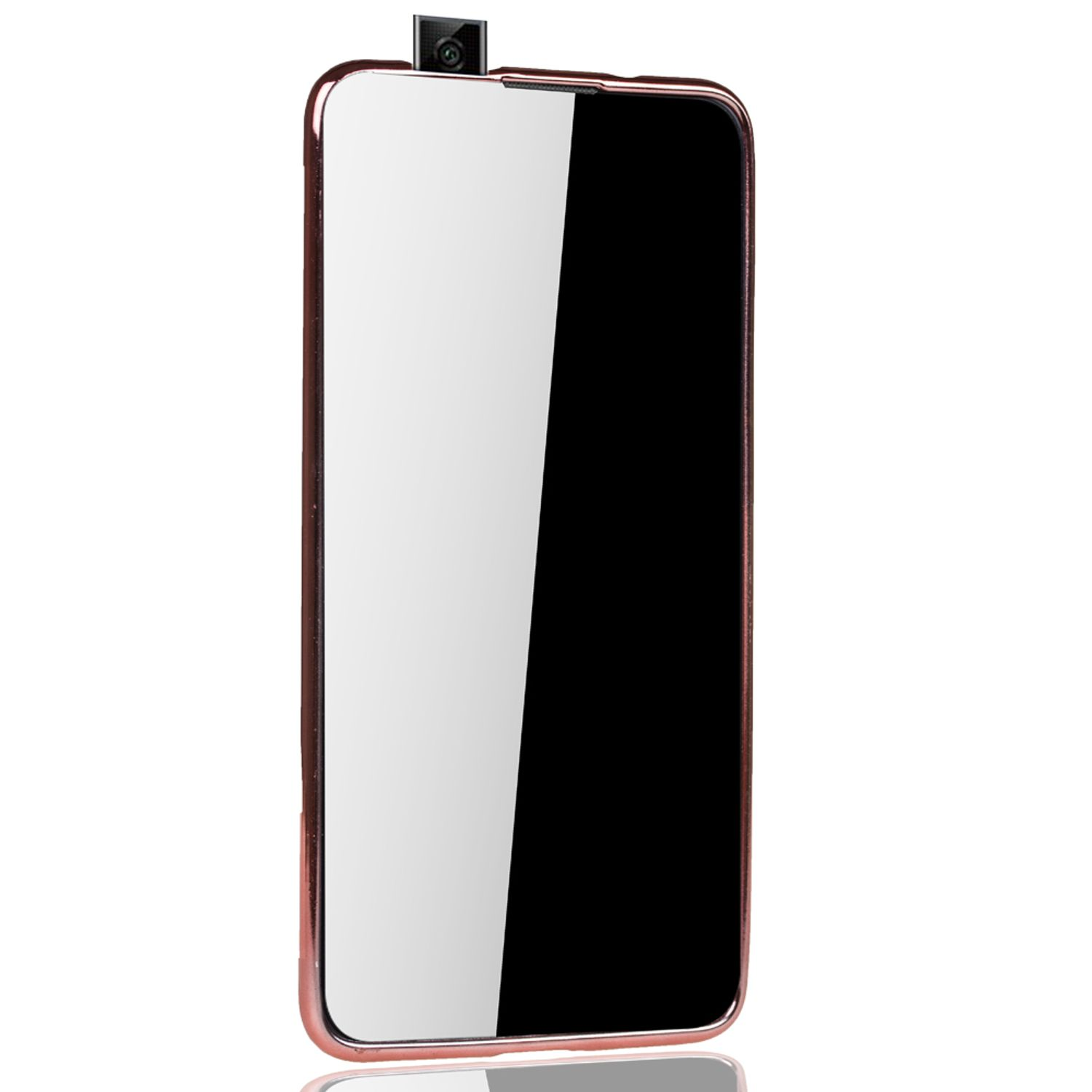 Roségoldenes Telefon mit Kamera oben, schwarzem Bildschirm, weißem Hintergrund.