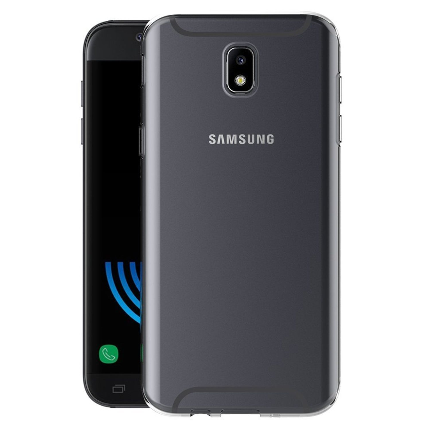 Schwarzes Telefon mit schwarzer Hülle. Das Telefon steht neben einer schwarzen Handyhülle. Weißer Hintergrund.