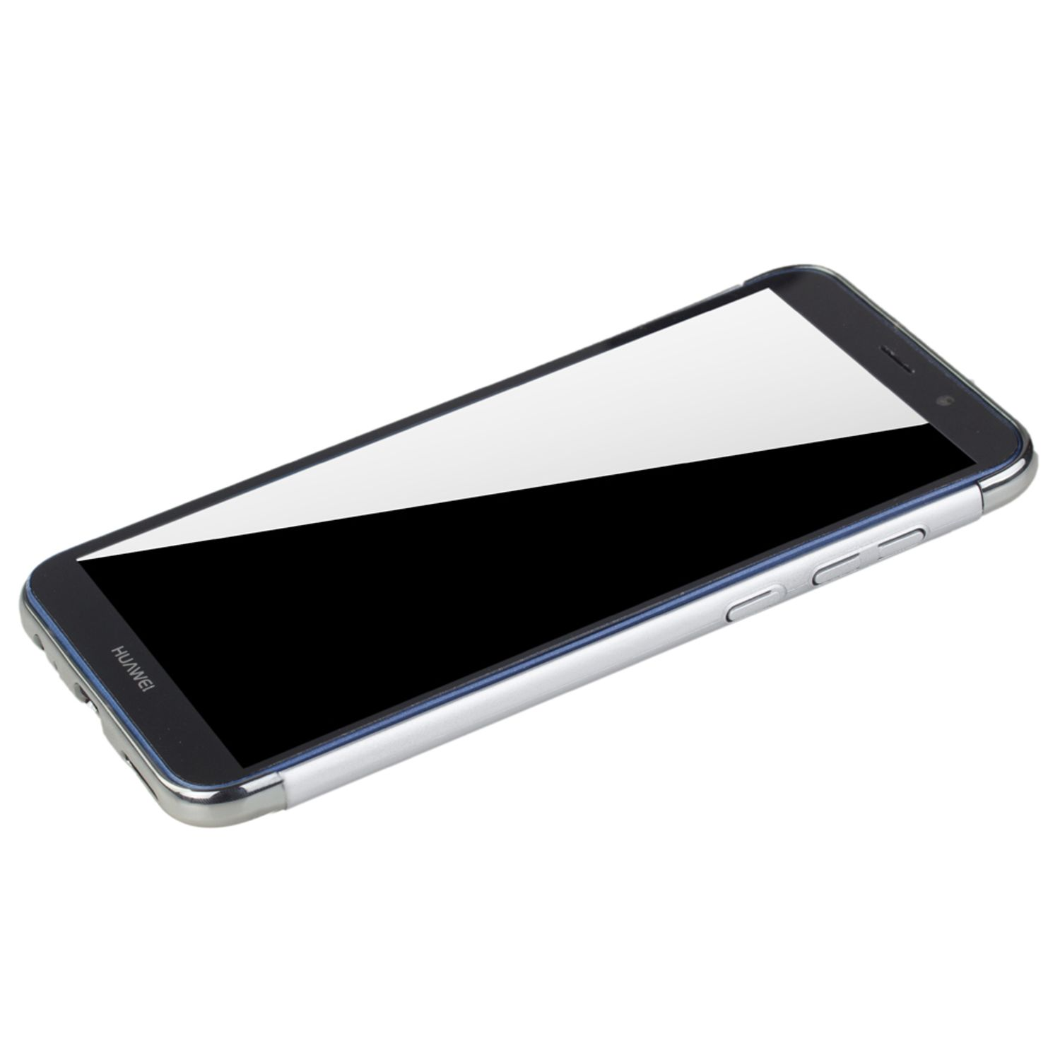 Ein Huawei-Smartphone mit silbernem Rahmen. Der Bildschirm ist schwarz und das Telefon liegt auf Weiß.