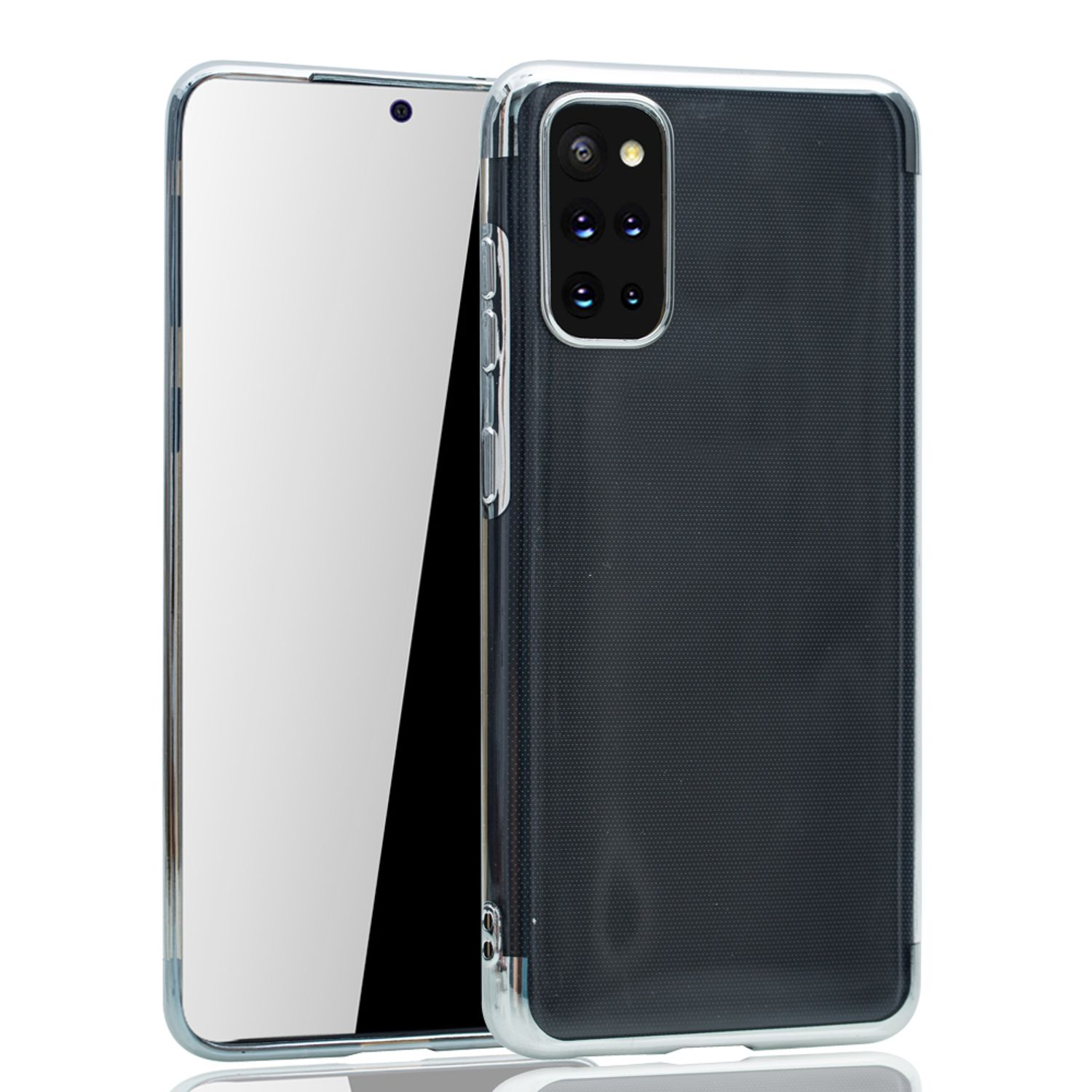 Schwarzes Telefon in einer transparenten Hülle. Die Hülle hat einen silbernen Rahmen.