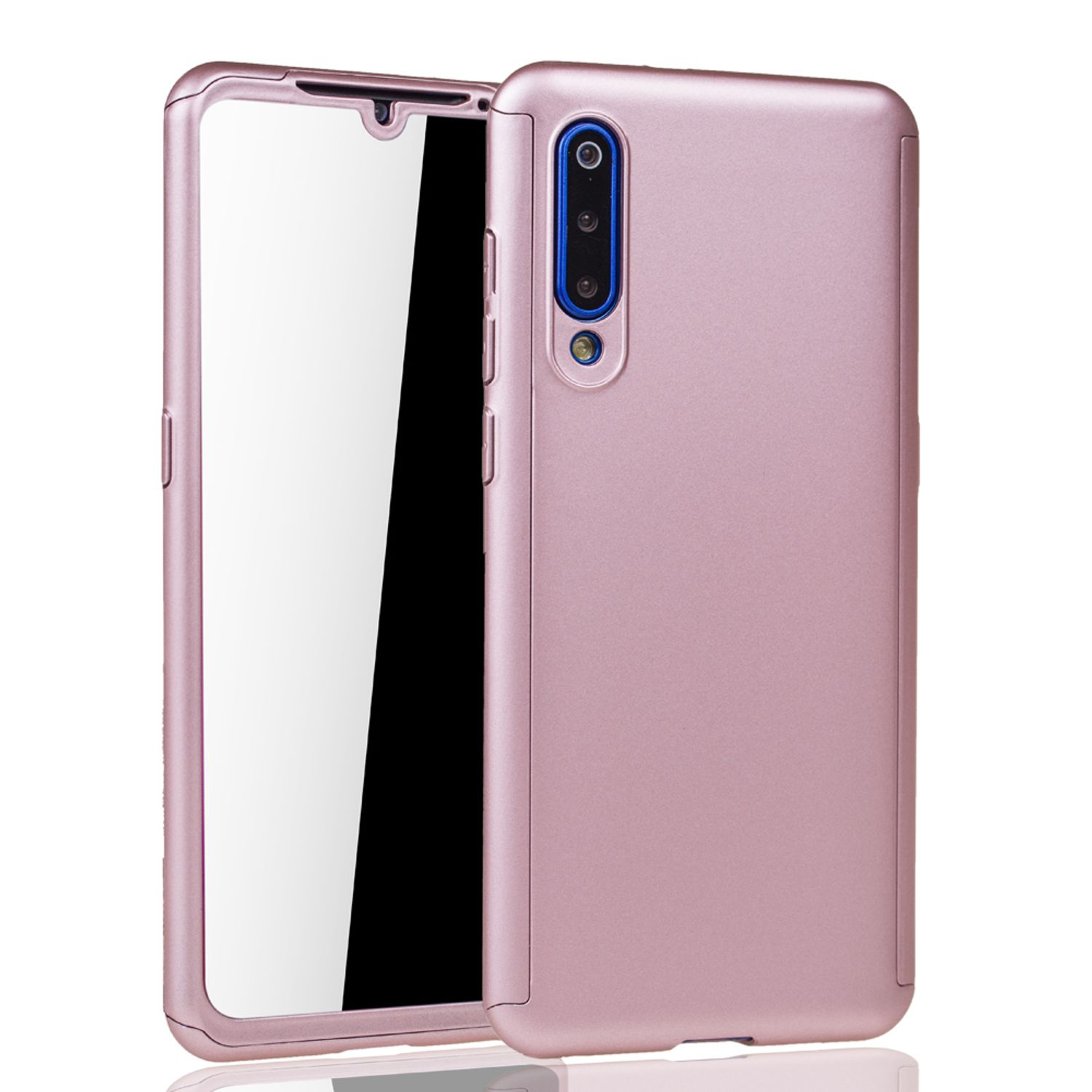 Rosa Handyhülle mit Displayschutz. Das Telefon ist drin. Weißer Hintergrund.