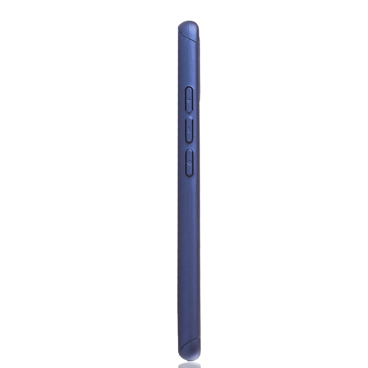 Seitenansicht einer blauen Handyhülle. Zeigt Knöpfe. Weißer Hintergrund.