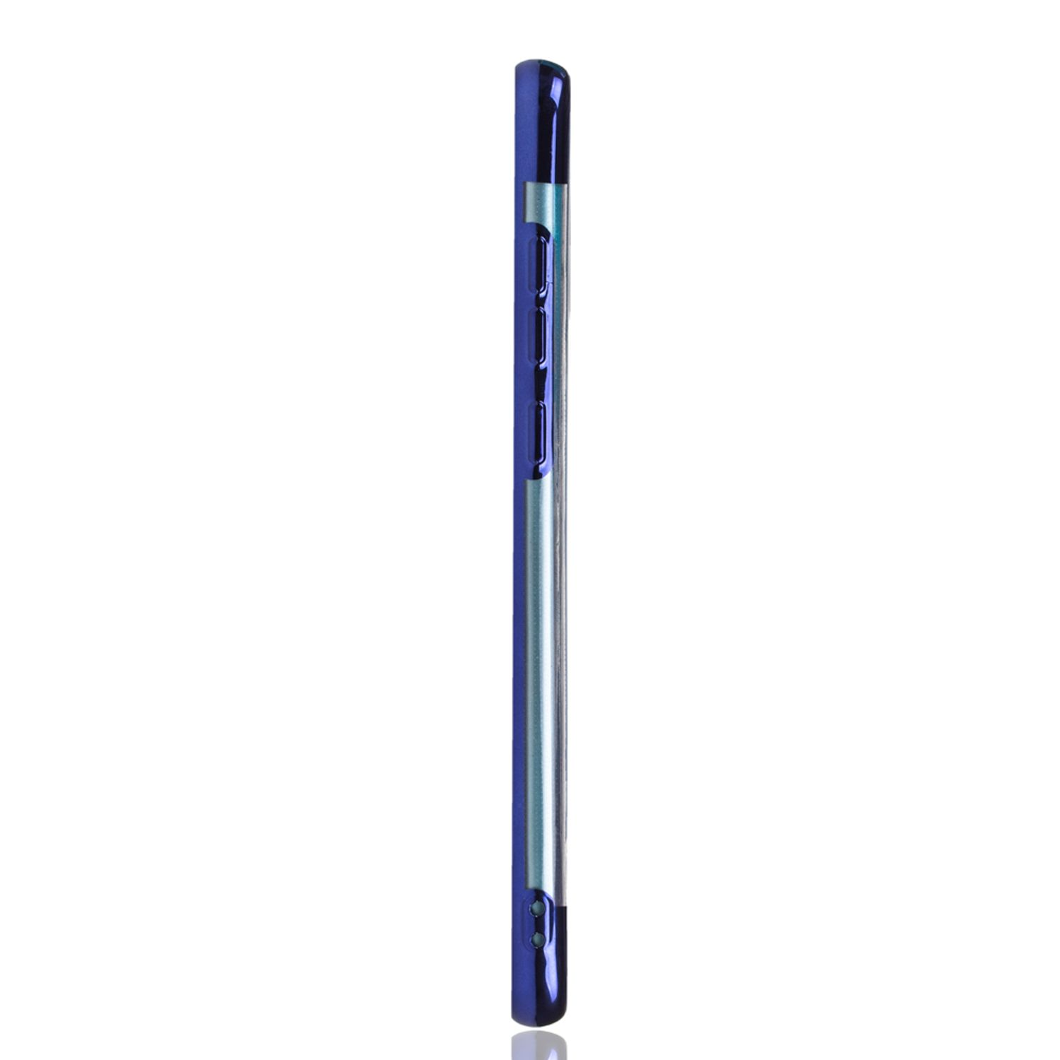 Seitenansicht eines blau-silbernen Telefons.