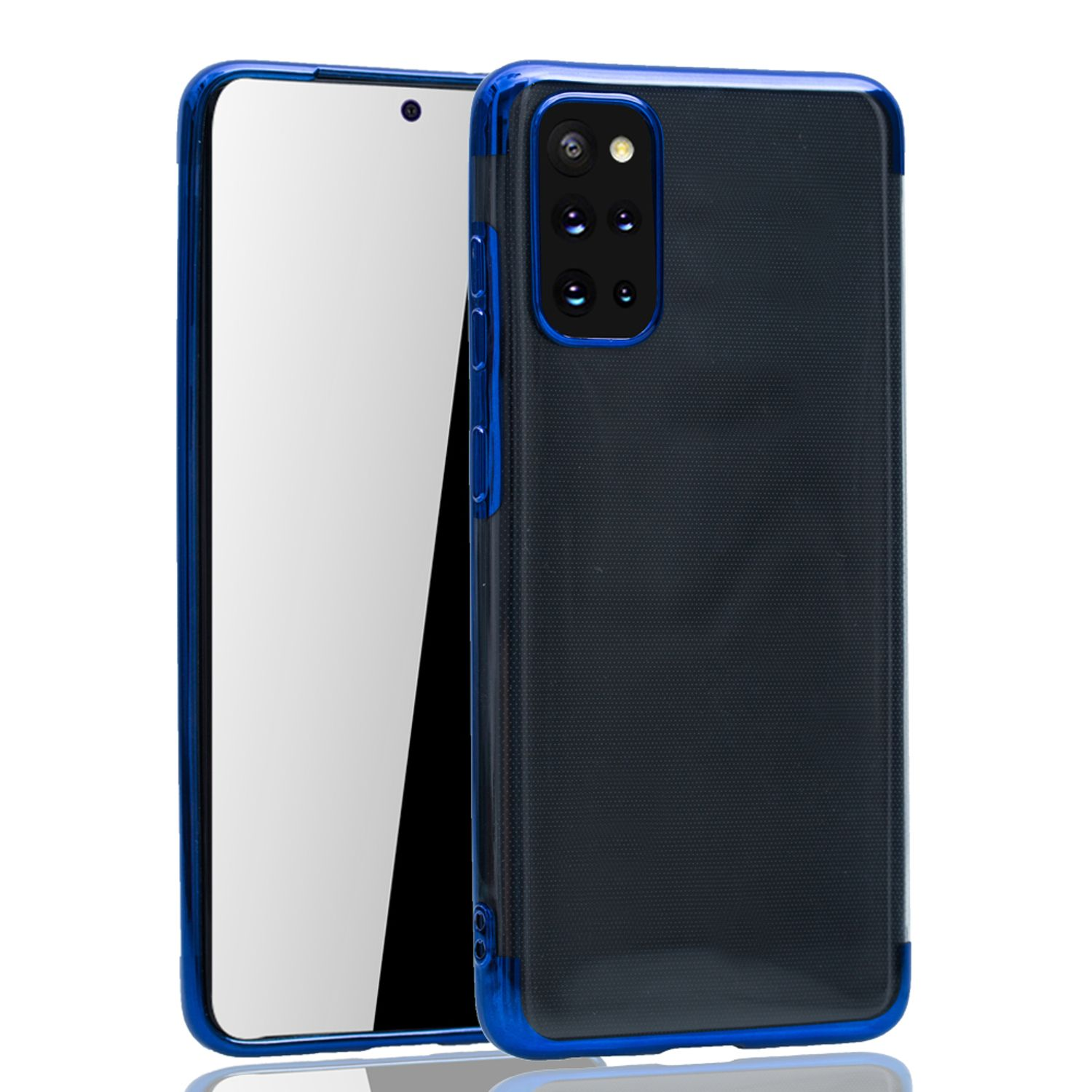 Schwarz-blaue Handyhülle mit einem Telefon und Displayschutz.