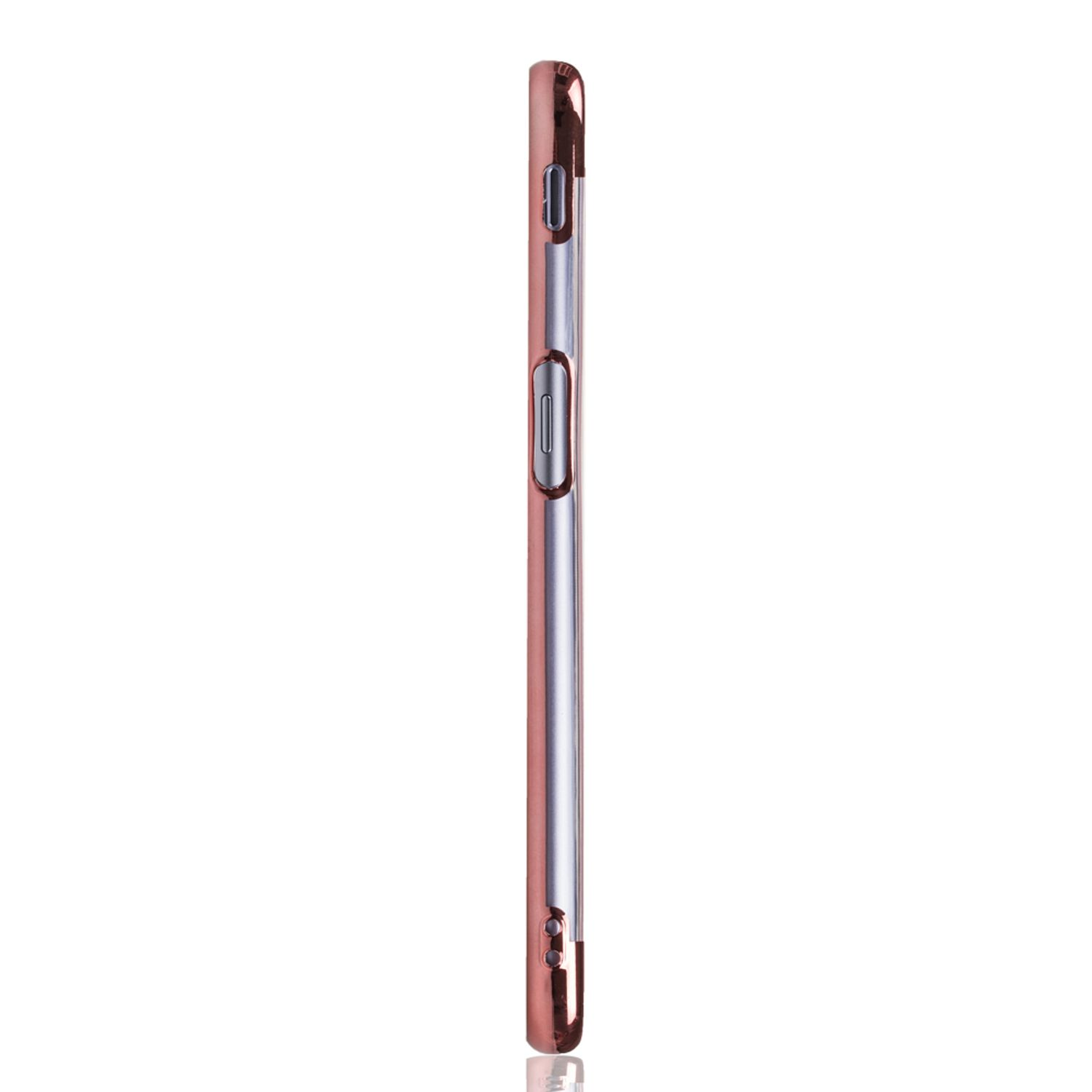 Seitenansicht einer pinkfarbenen Handyhülle. Es ist schlank und hat ein metallisches Finish.