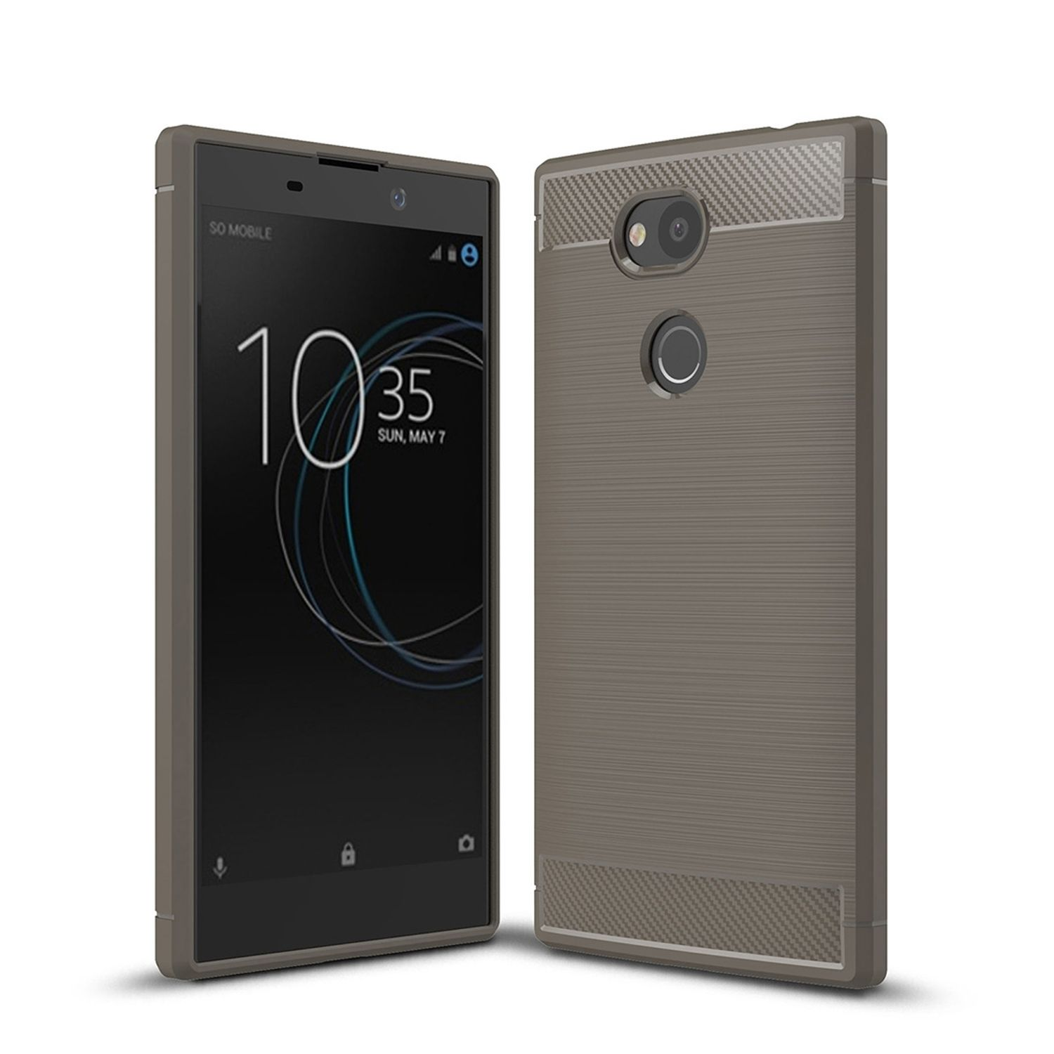 Smartphone in grauem Gehäuse, Vorder- und Rückansicht.